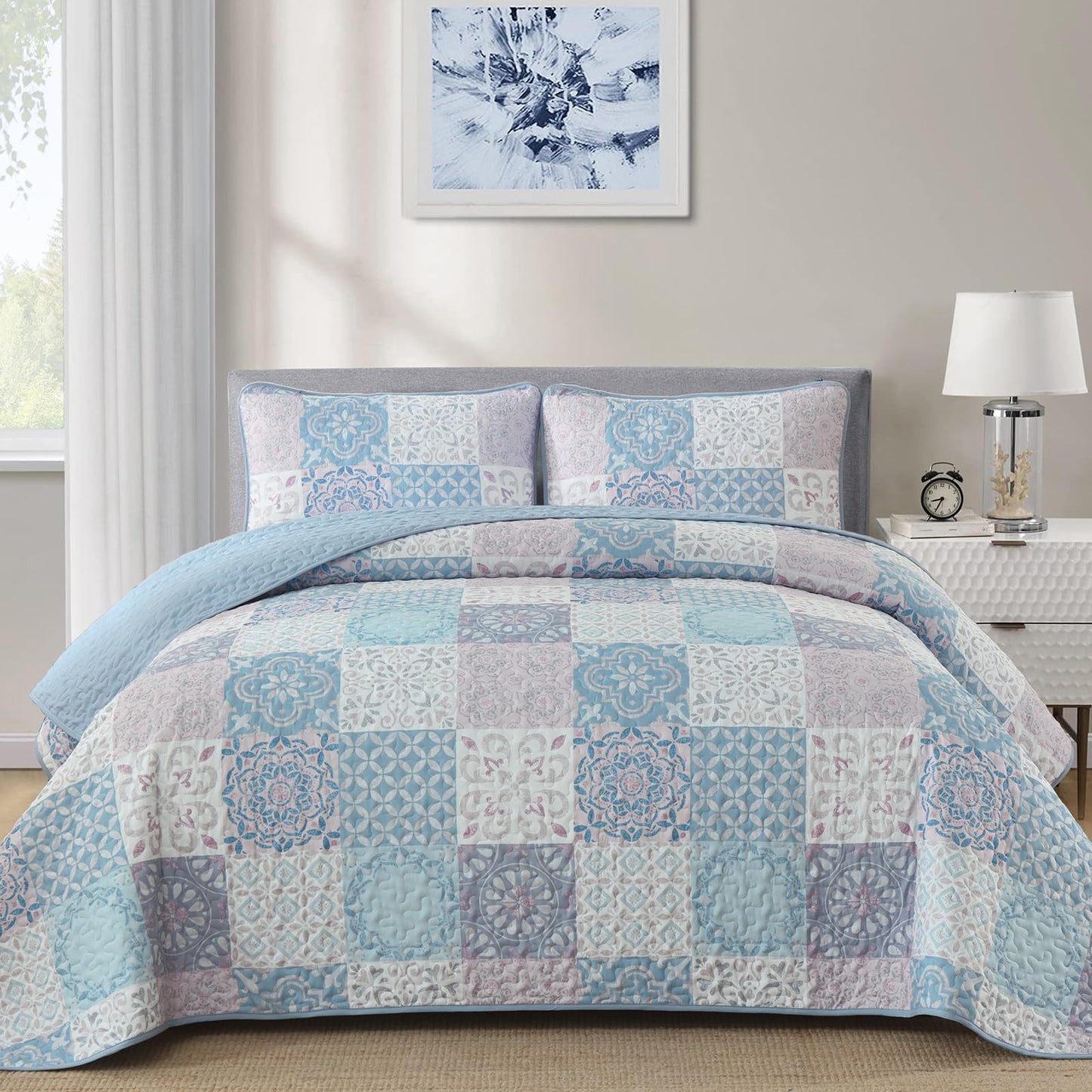Dobuyly Quilt Set Queen Size, Light Blue/Pink Patchwork Bedspread 3 Pieces, Boho Plaid Summer Coverlet Set, Soft Lightweight Quilt Bedding Set for All Seasons 96"x90"