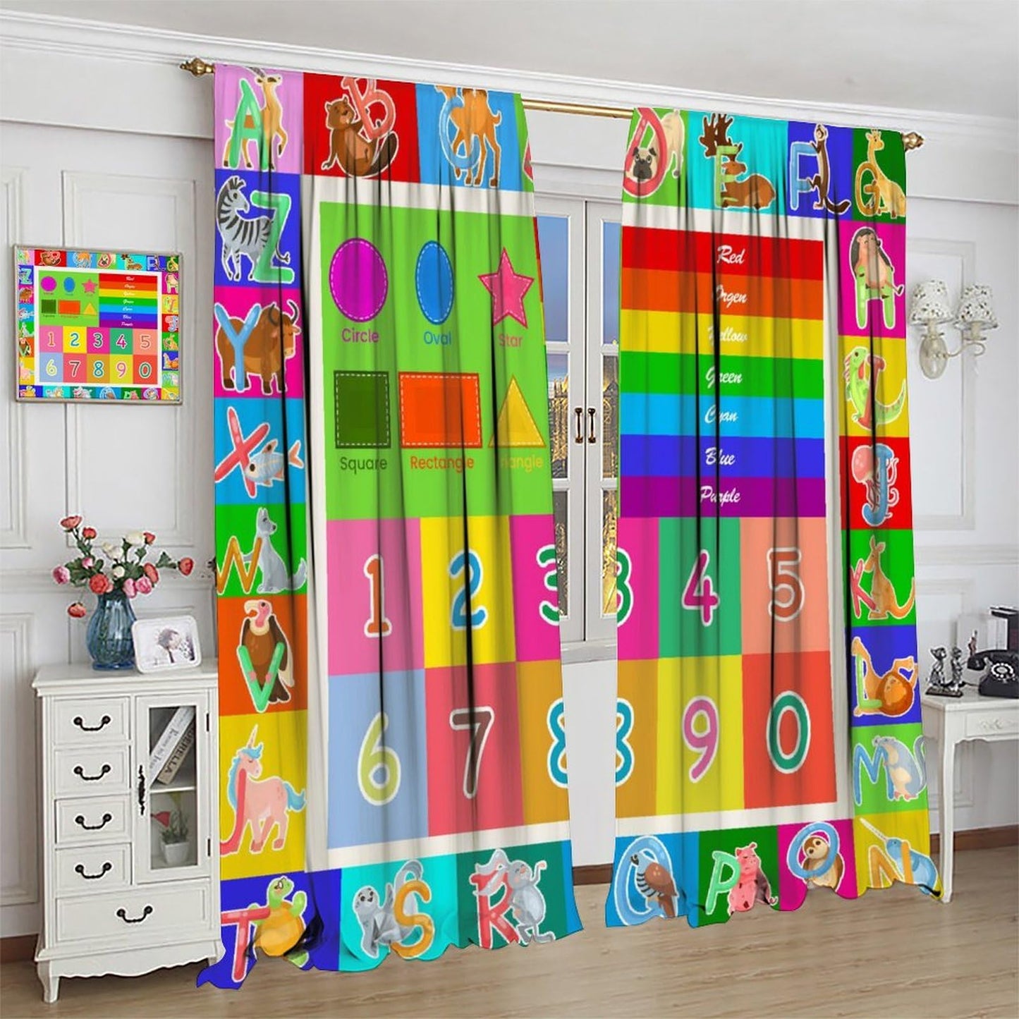 AAVEUP ABC Alphabet Curtains, Cartoon Toddler Colourful Animals Numbers Colours Classroom Learning Windows Treatments Drapes for Kids Boys Girls Living Room Bedroom 42x45in（No Blackout）