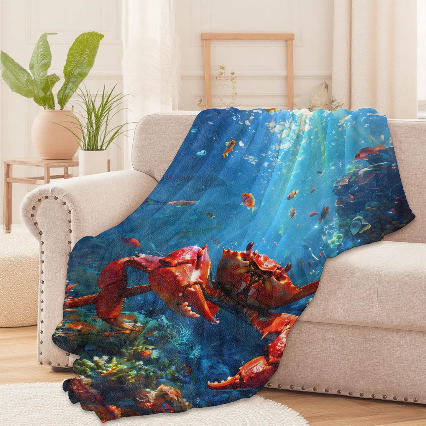 Red Crab and Coral Reef Throw Blanket for Boys Girls Kids Adults Women, Fuzzy Warm Soft Cozy Flannel Blankets Gifts for Bedroom, Couch, Travel, Home Decor 50x60 in