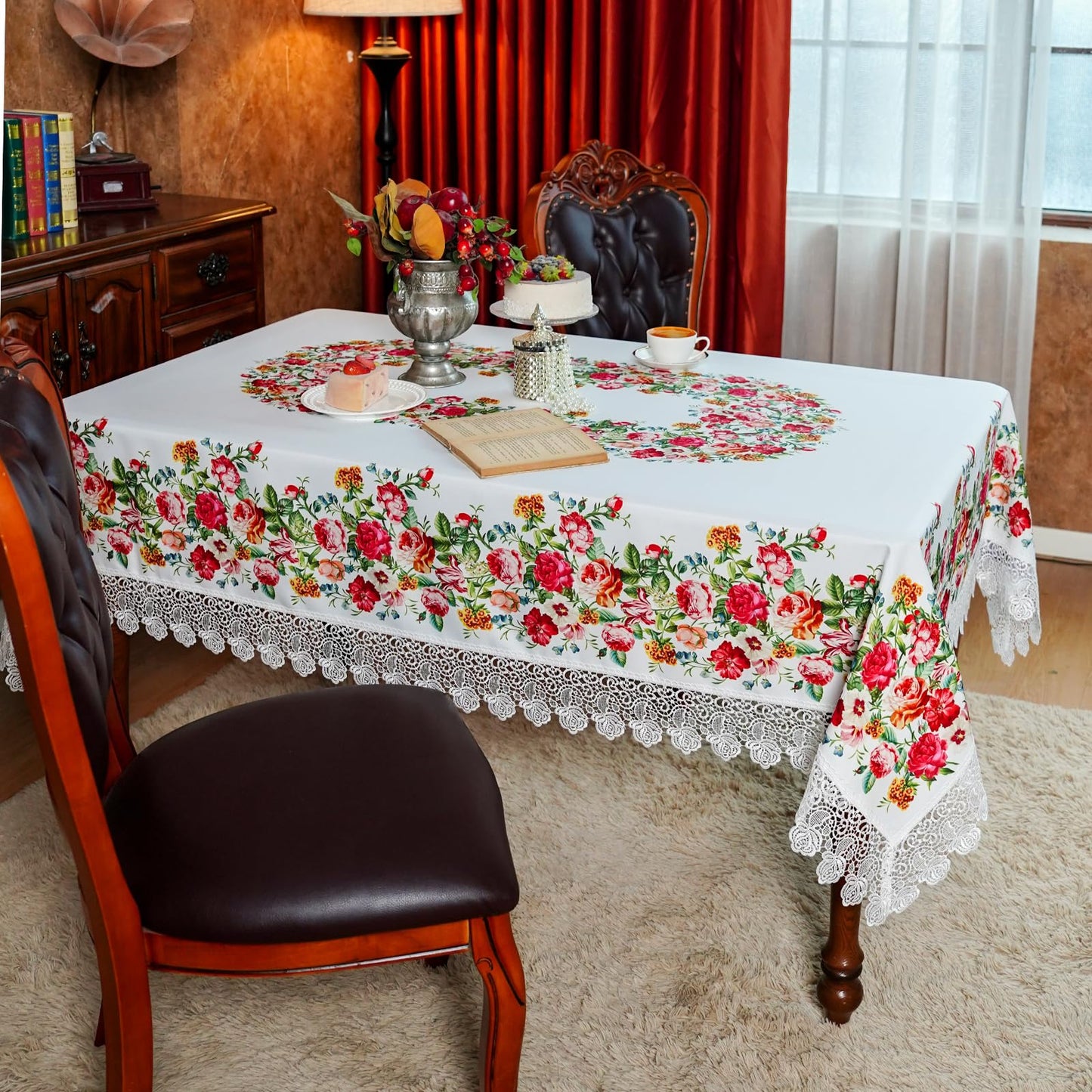 SUTAVIA Floral Lace Tablecloths Waterproof Rectangle Table Cloth Farmhouse Washable Table Cover for Home Holiday Thanksgiving Christmas Party Dining Table (White, 60"x104")