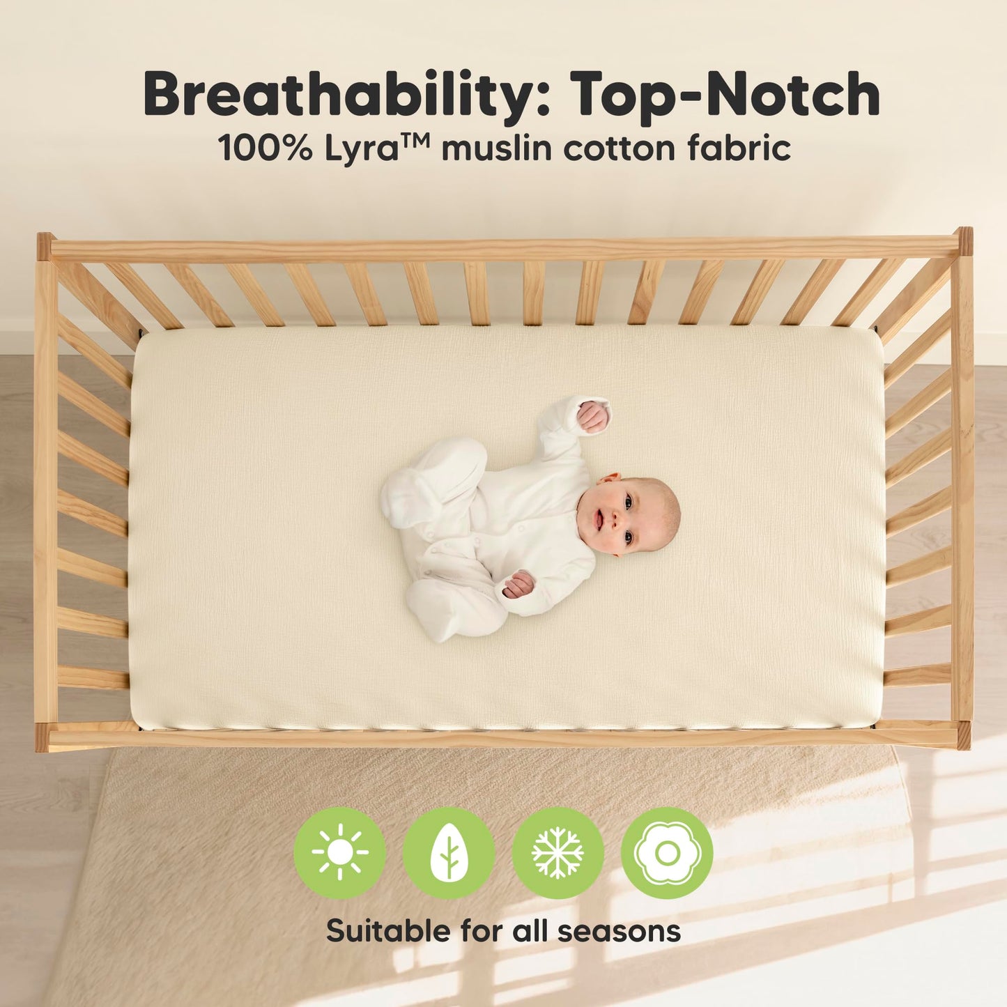 KeaBabies 2-Pack Muslin Crib Sheets for Boys, Girls - 100% Organic Cotton Fitted Baby Crib Mattress Sheet, Soft Breathable Standard Toddler Bed Cover Bedding Set, Neutral, Durable 52x28 (Almond)