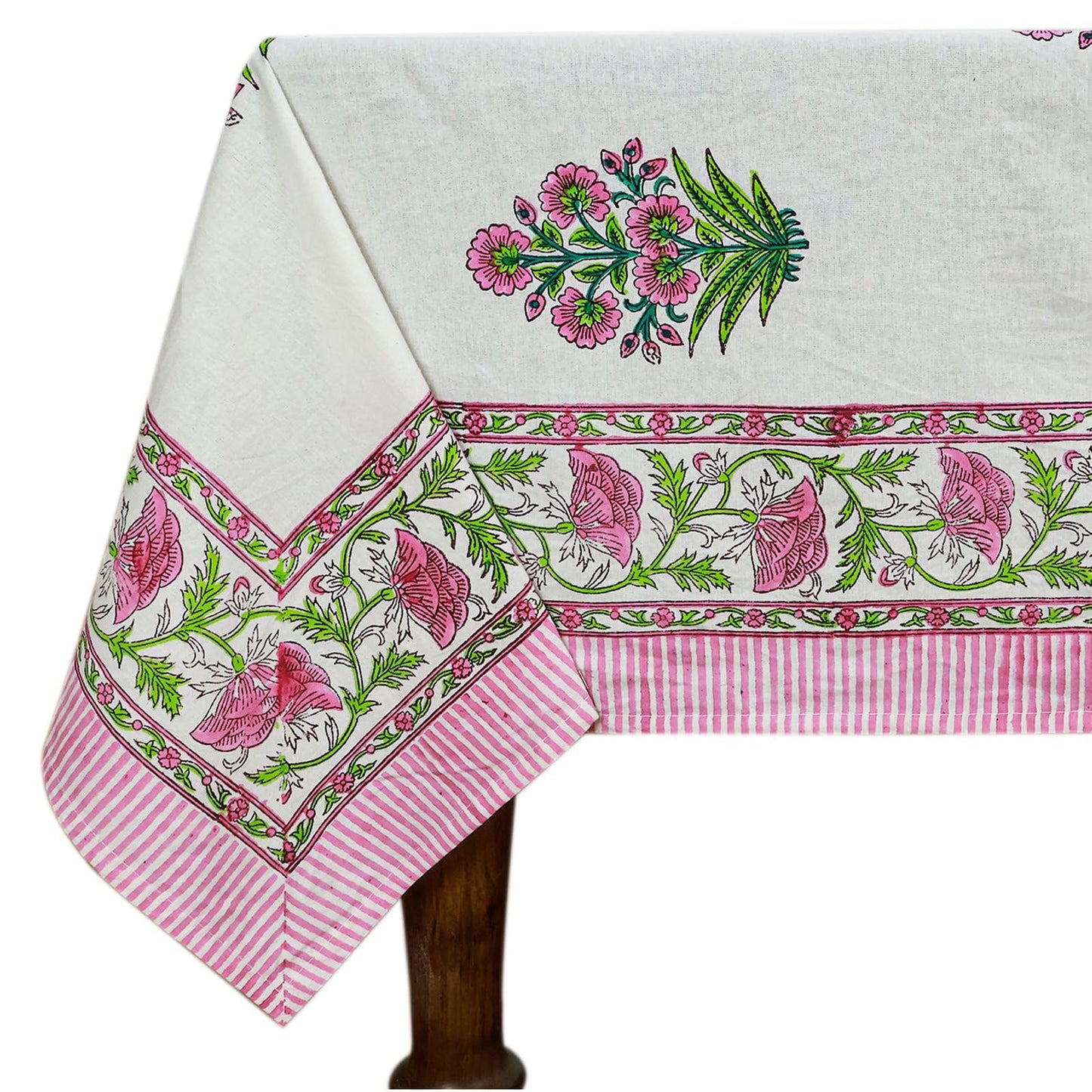 60x60 Inches Square Hand Block Printed Cotton Tablecloth, White Pink Floral Table Cloths Washable, Indian Table Linen for Christmas Thanksgiving Gifts Home Decor Dining Outdoor