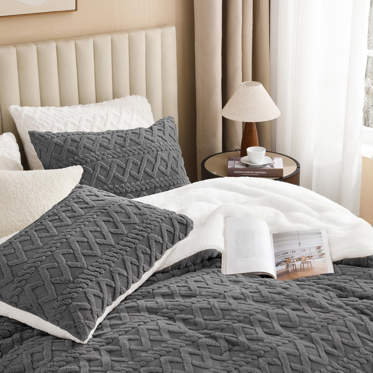 Andency Fluffy Sherpa Full Comforter Set Grey, Super Soft Gray Fleece Warm Bedding for Winter, Luxury Jacquard Boho Thick Fuzzy Plush Bed Set 3 Pieces(1 Shaggy Comforter, 2 Pillowcases)