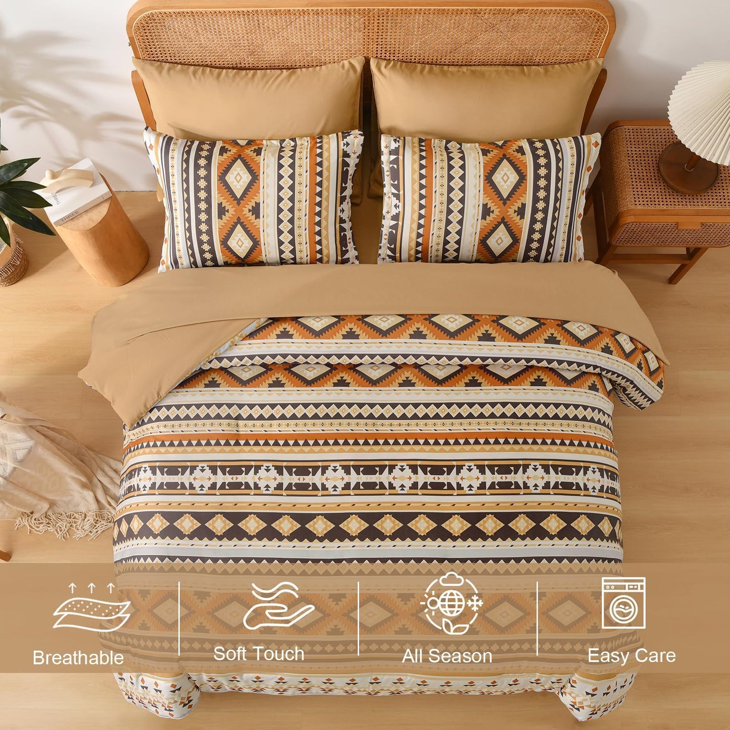 Dinjoy Comforter Set Queen Size Boho,Yellow Brown 7 Pieces Bed in a Bag Queen Bedding Sets Aztec Comforters with Sheets Western Striped Complete Set for Family 90"x90"