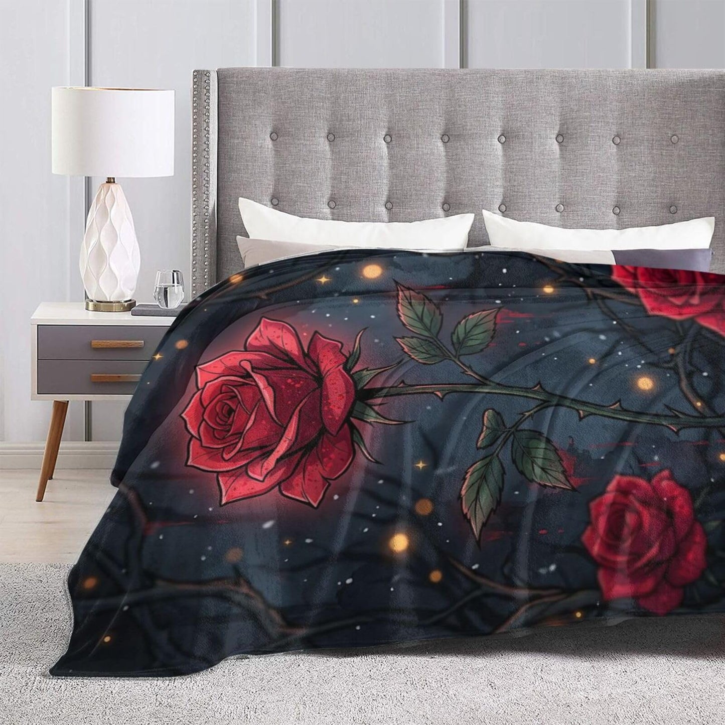 Gothic Red Thorn Rose Dark Glowing Floral Art Print Flannel Blanket