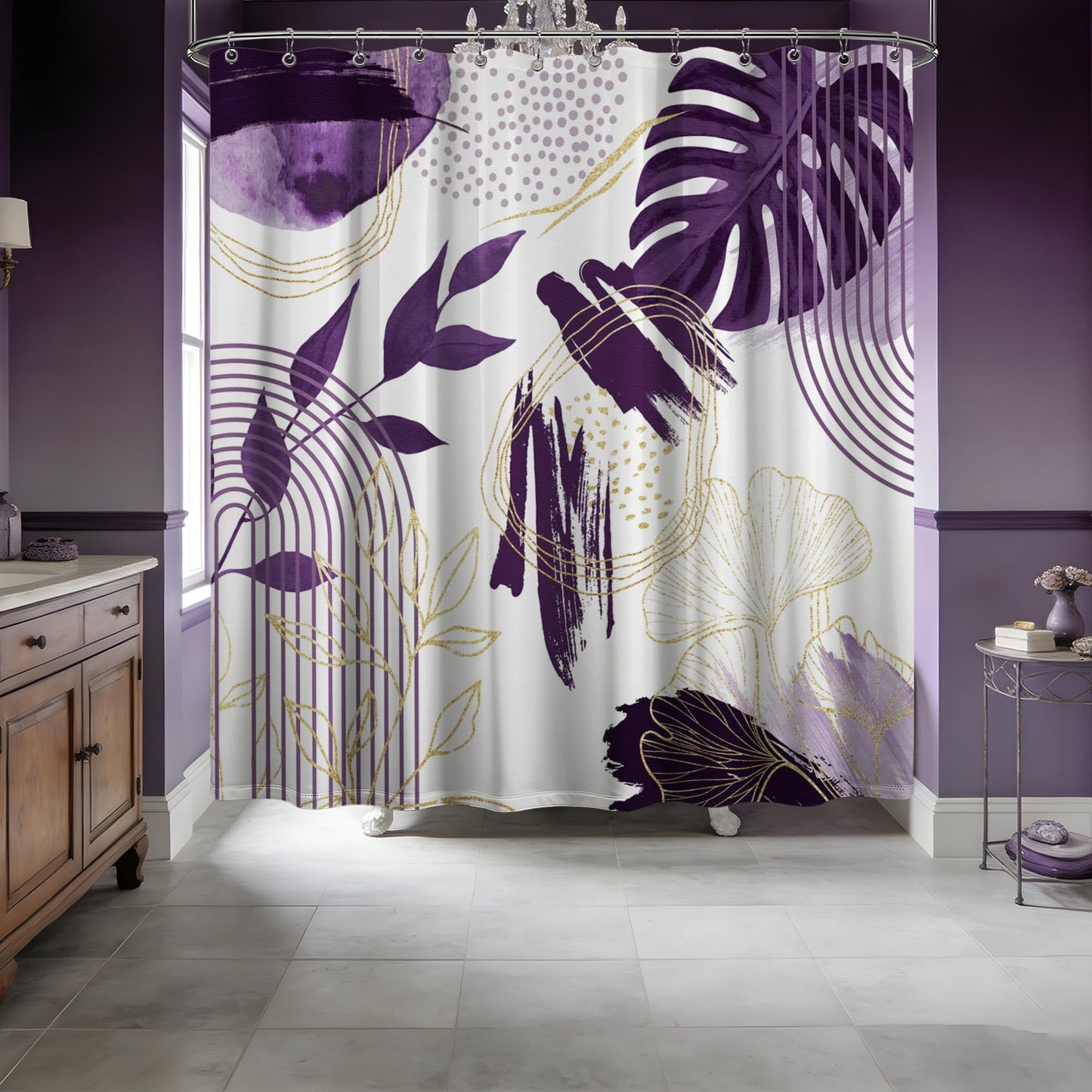 soeeao Dark Purple Shower Curtain Plum Purple and White Mid Century Modern Shower Curtains for Bathroom Decor, Waterproof Cloth Fabric with Hooks, 70" W x 72" L