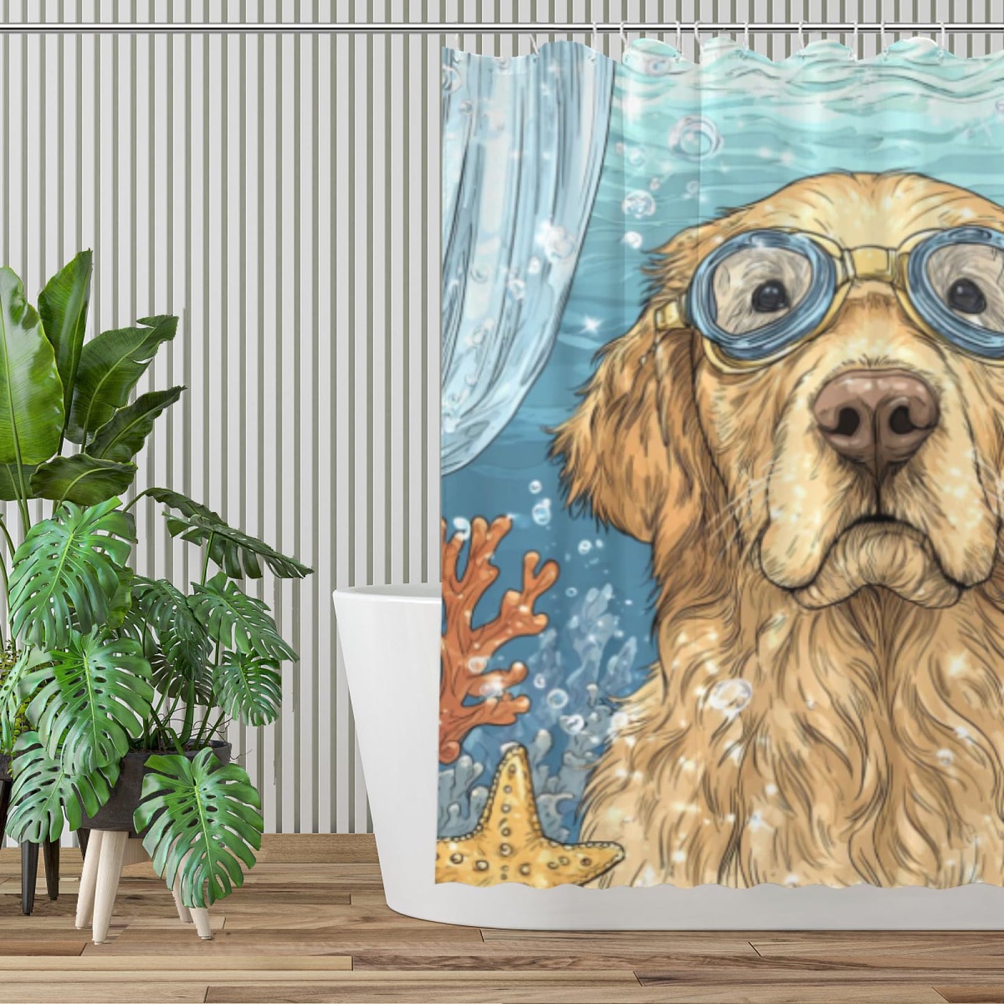 Wordatu Welcome Ocean Shower Curtain Ocean Golden Retriever Bathroom Set Kids Toddler Boys Girls Sea Bath Curtain Beach Coastal Kids Bathroom Decoration 72x72 Inches