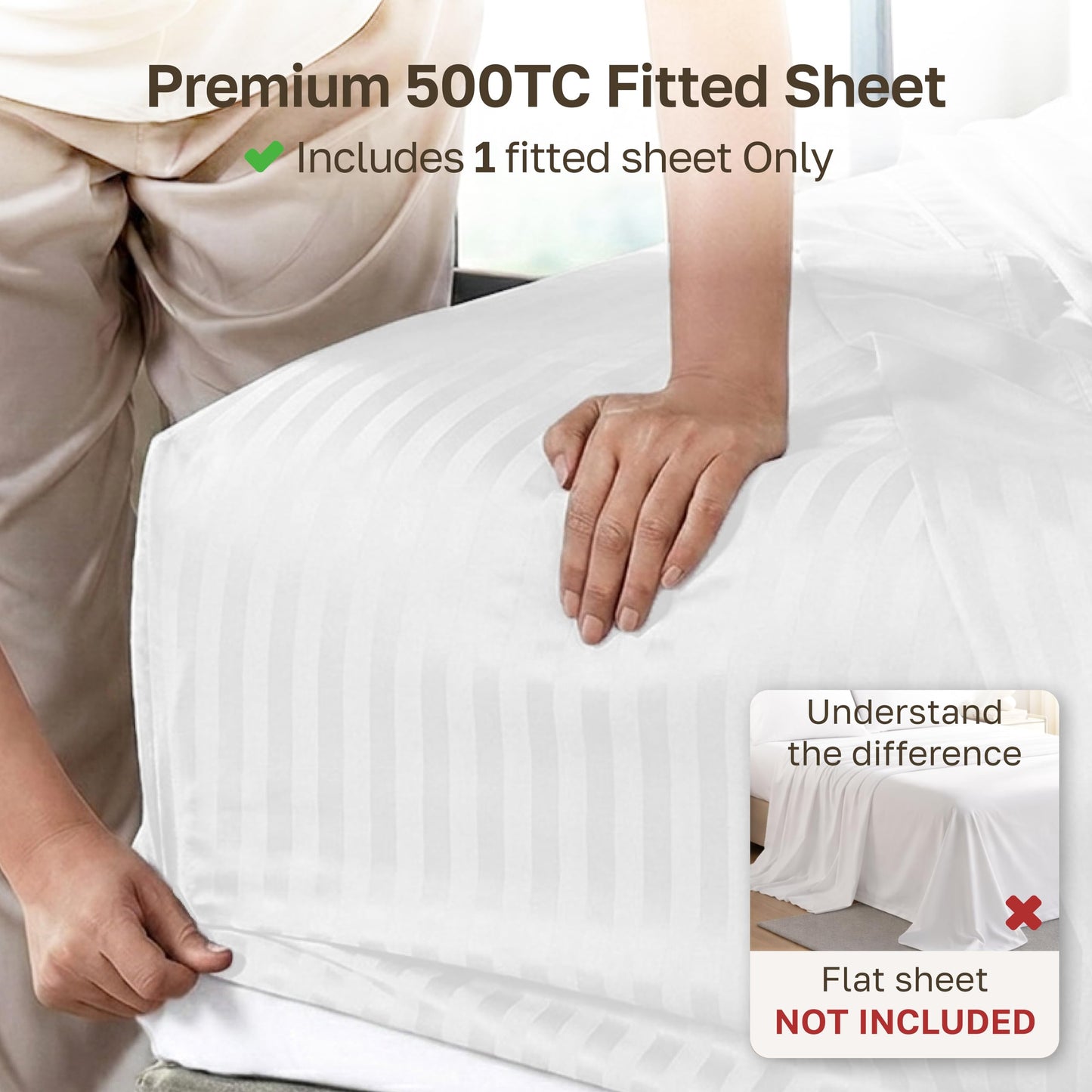 California Design Den Cotton Sateen Damask Stripe Queen Size Fitted Sheet Only - Soft 100% Cotton Sateen, Deep Pocket Bottom Fitted Sheet - White