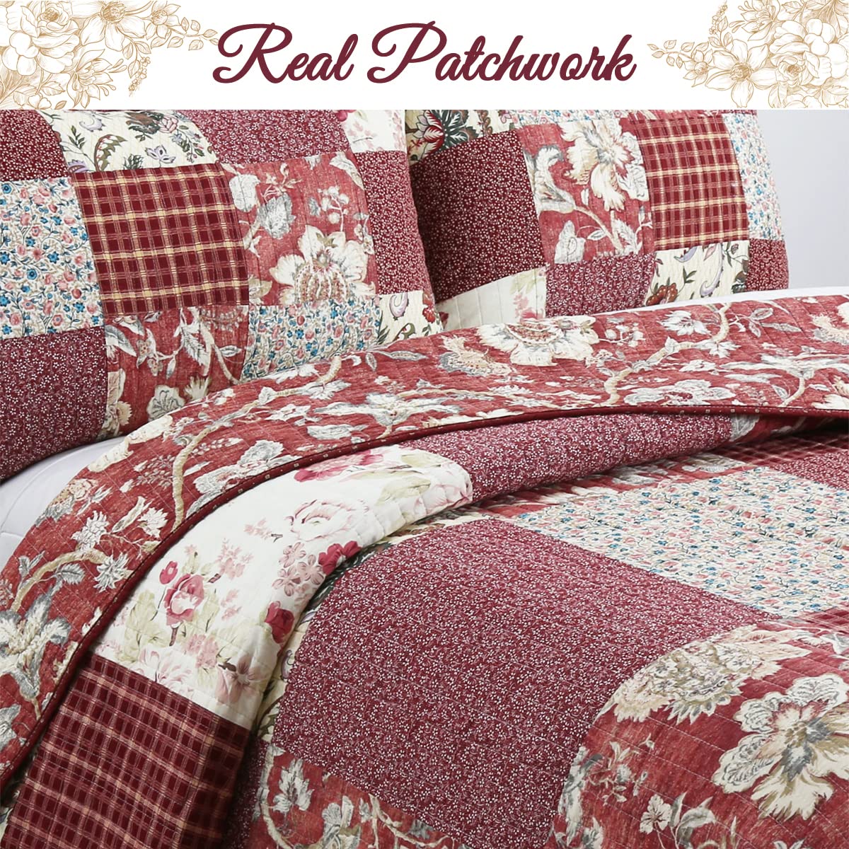Cozy Line Home Fashions 100% Cotton Hand Piecing Real Patchwork Vintage Burgundy Rose Cottage Reversible Quilt Set, Coverlet Bedspread (Red Floral, King - 3 Piece)