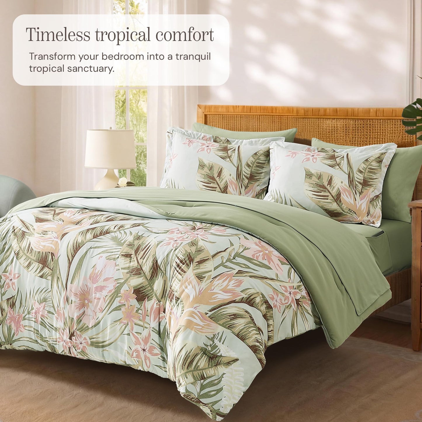 BLOOMHAVEN Queen Comforter Set -7 Pieces Palm Leaf Bedding Set for All Seasons, Bed in a Bag with Tropical Flowers Comforter, Sheets, Pillowcases & Shams