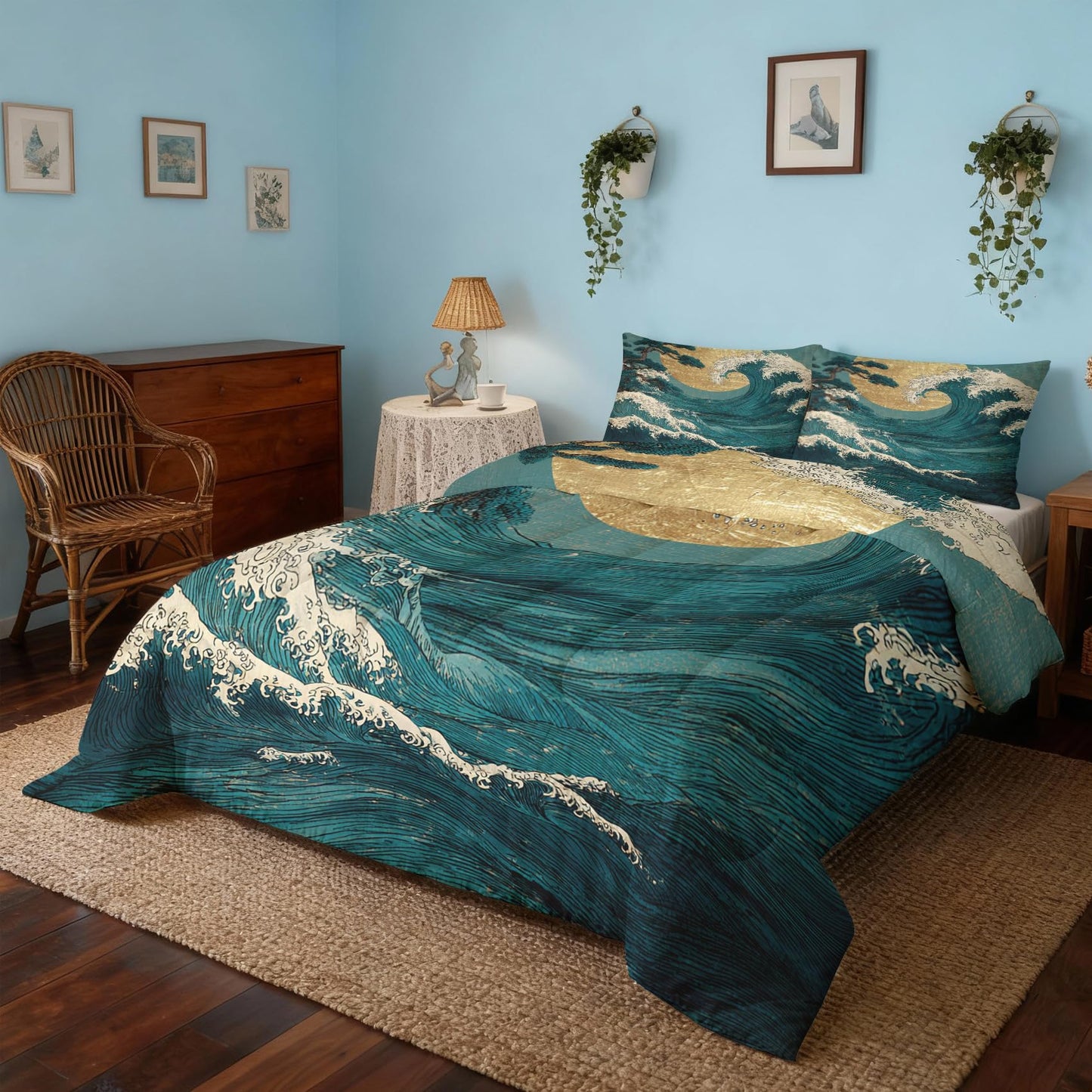 ZDABAOEC Japanese Wave Twin Comforter Set 2 Piece, 1 Pillow Sham, Oriental Asian Japan Style Reversible Down Alternative All Season Bedding, Soft Microfiber, Japanese Wave Bedroom Decor