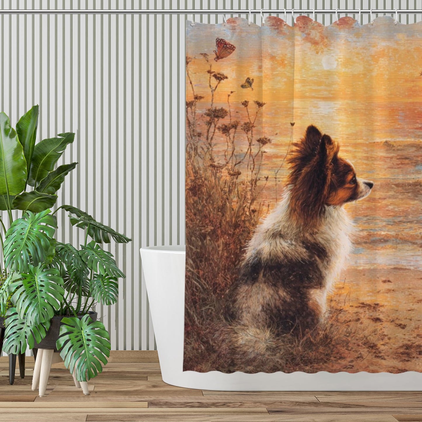 Wordatu Papillon Shower Curtain on Sunset Sunrise Beach Seascape Art Shower Curtain Set, Nautical Ocean Bath Accessories Coastal Seaside Bathroom Decor 72x72 Inches