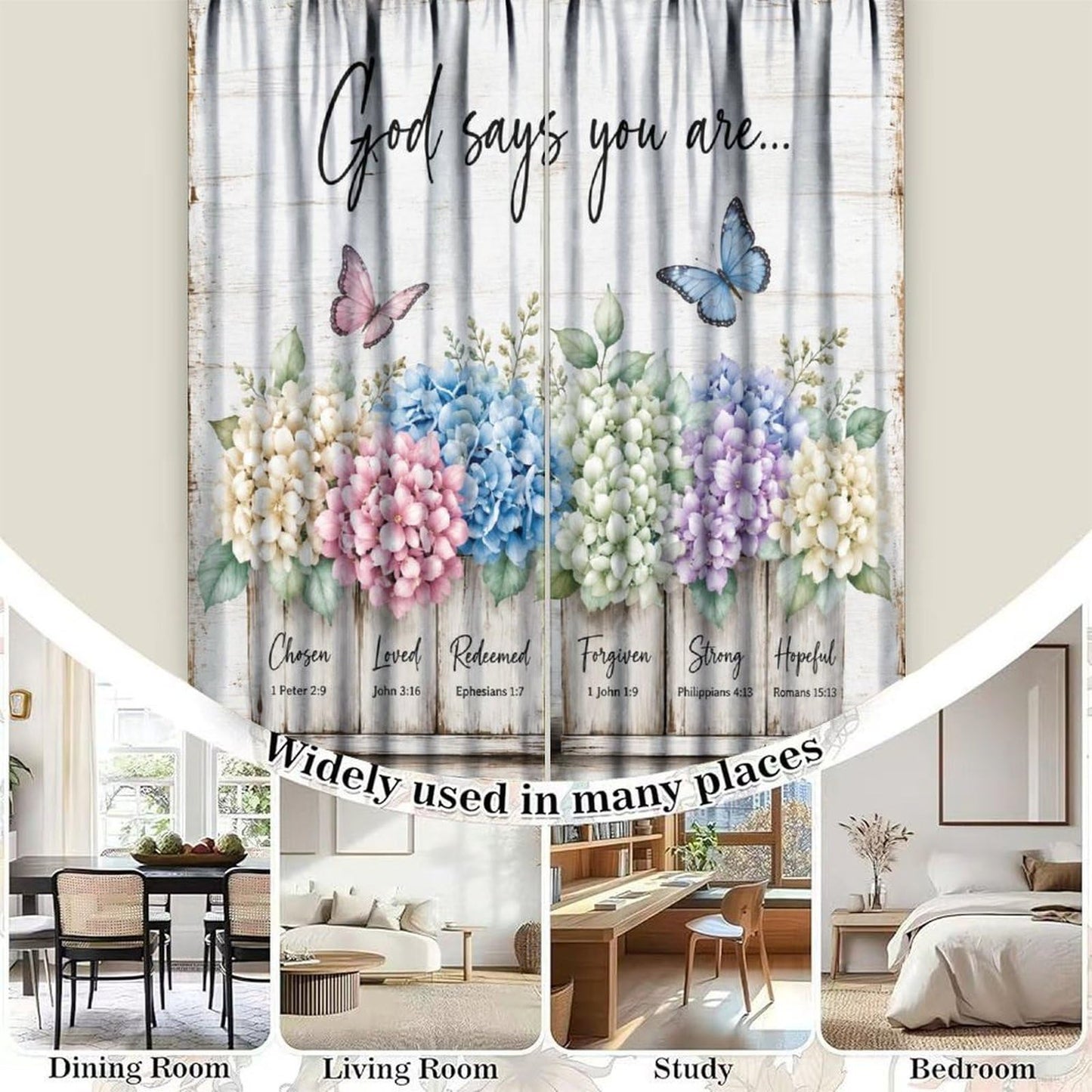 Tificats Farmhouse Kitchen Curtains,Modern White Cafe Hydrangea Flower Inspirational Quotes Blackout Rod Pocket Window Treatment for Dining Room Bathroom Laundry Room21 W x 45" L (Pack of 2)