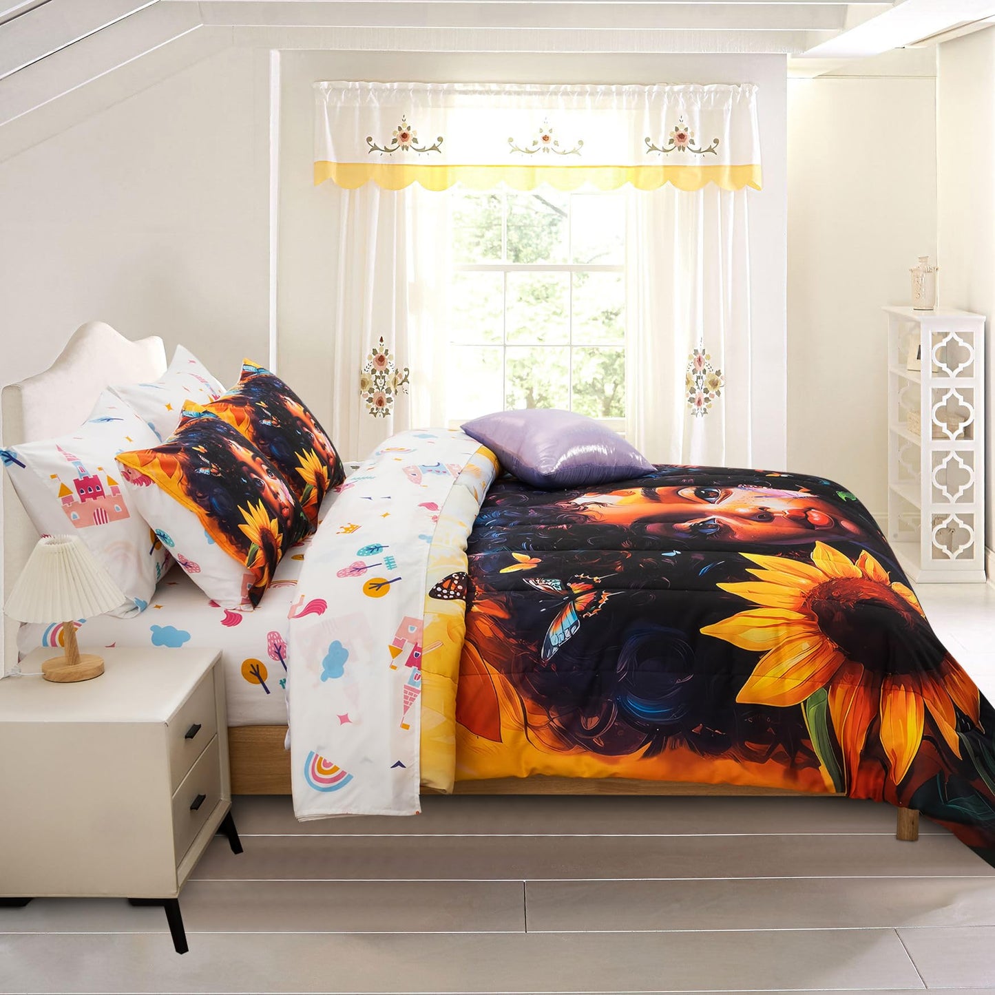 A Nice Night 6pcs Comforter Sets,Black Girl with Butterfly Flying Printed, Sunflower Flowering Shrubs Background Kids Bedding Set,Twin