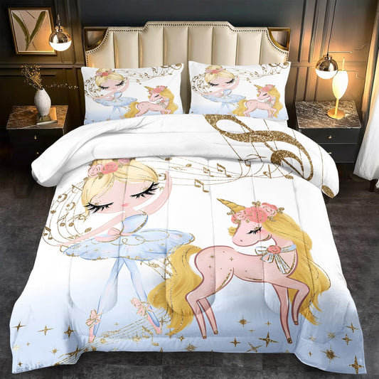 llyxsesty Golden Unicorn Girls Comforter Set King Kawaii Unicorn Bedding Set KingCute Horse Comforter Girls Bedroom Decor White Animal Print Bedding Bed Decor Animal Print Quilt