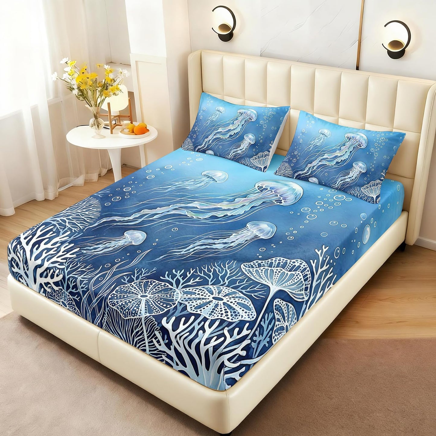AILONEN Aqua Jellyfish Twin Fitted Sheet Set 3 Piece, White Coral Pattern with 2 Pillowcases, 16 Inch Deep Pocket, Kids Room