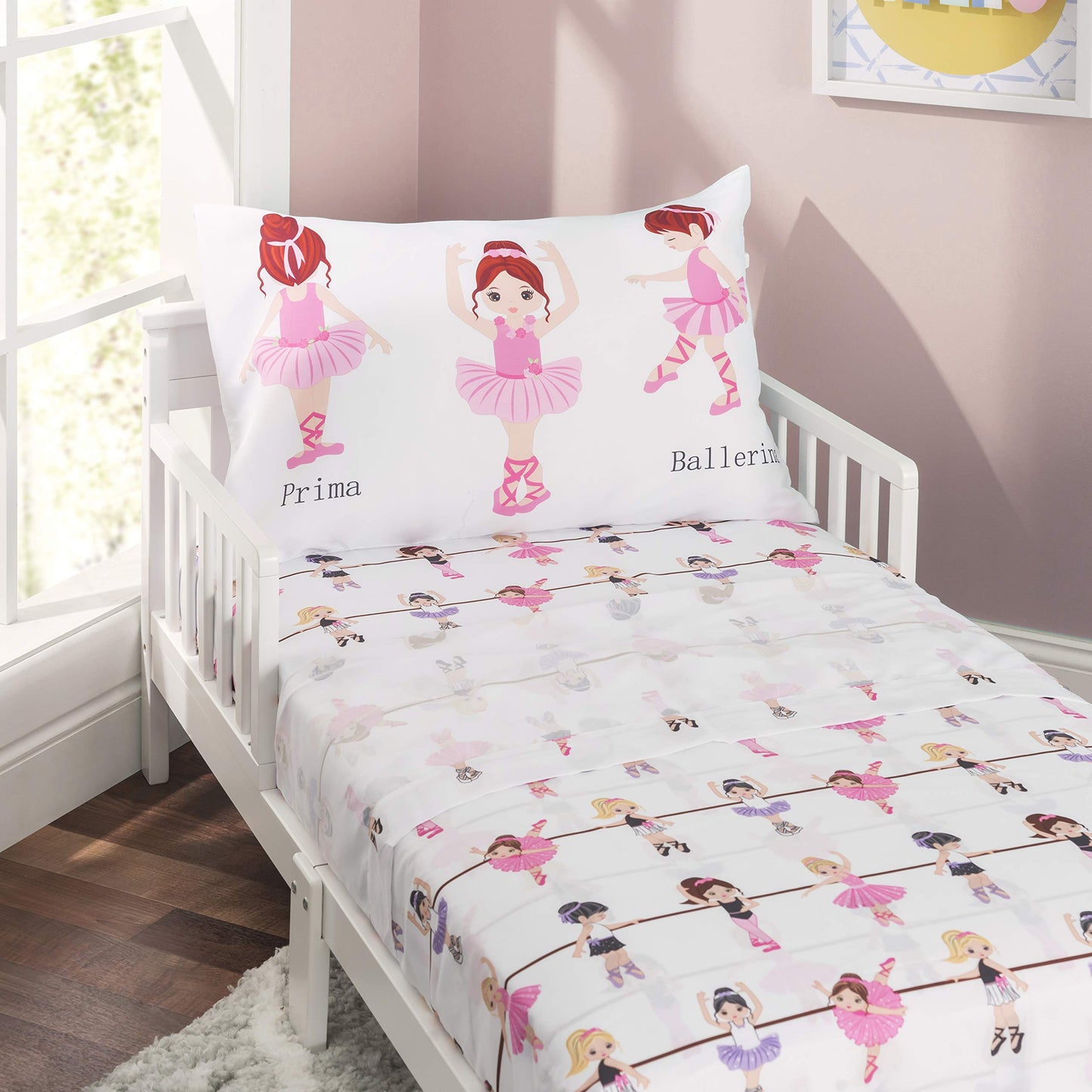 EVERYDAY KIDS 4 Piece Toddler Bedding Set -Born to Dance Ballerina- Includes Comforter, Flat Sheet, Fitted Sheet and Reversible Pillowcase