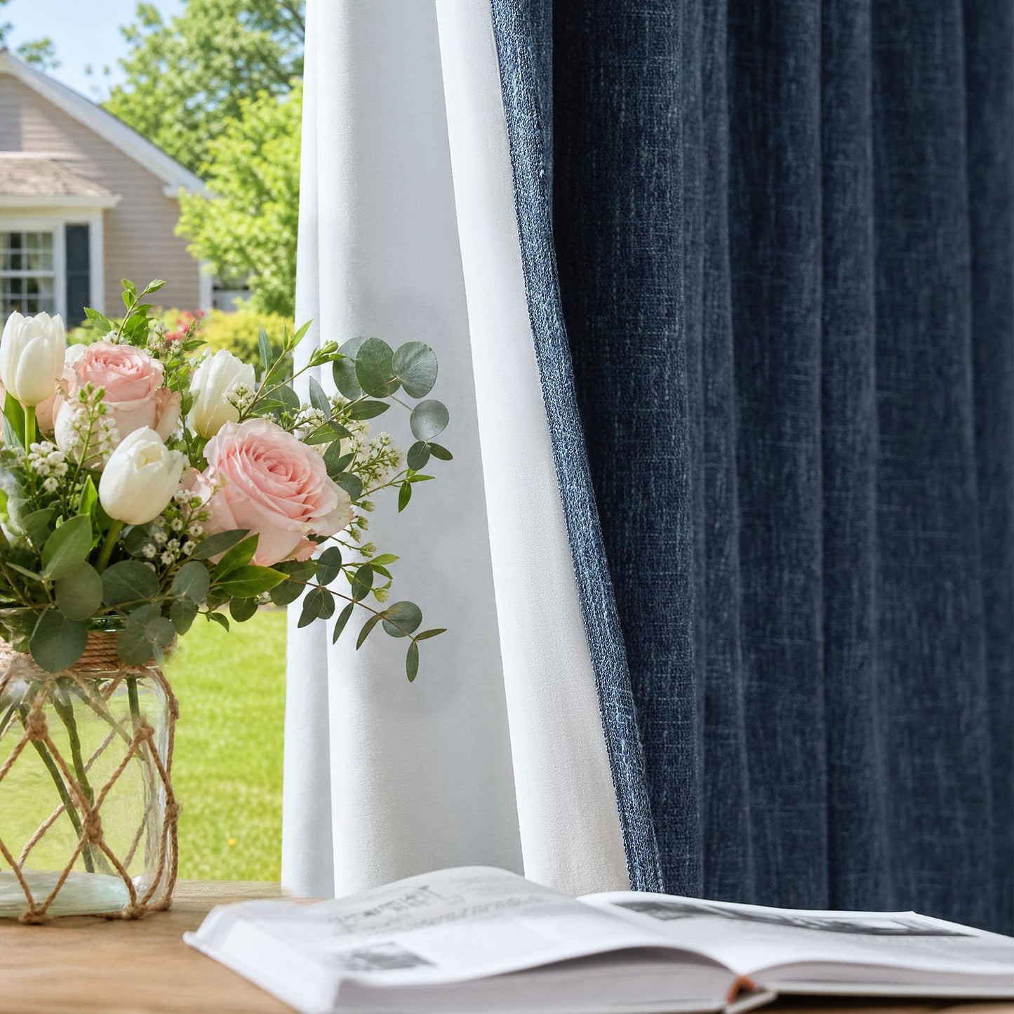 jinchan Burlap Look Curtains Blackout Curtains for Bedroom Lined Linen Textured Curtain for Living Room 84 Inches Long French Country Farmhouse Window Curtains 2 Panels Blue Curtains