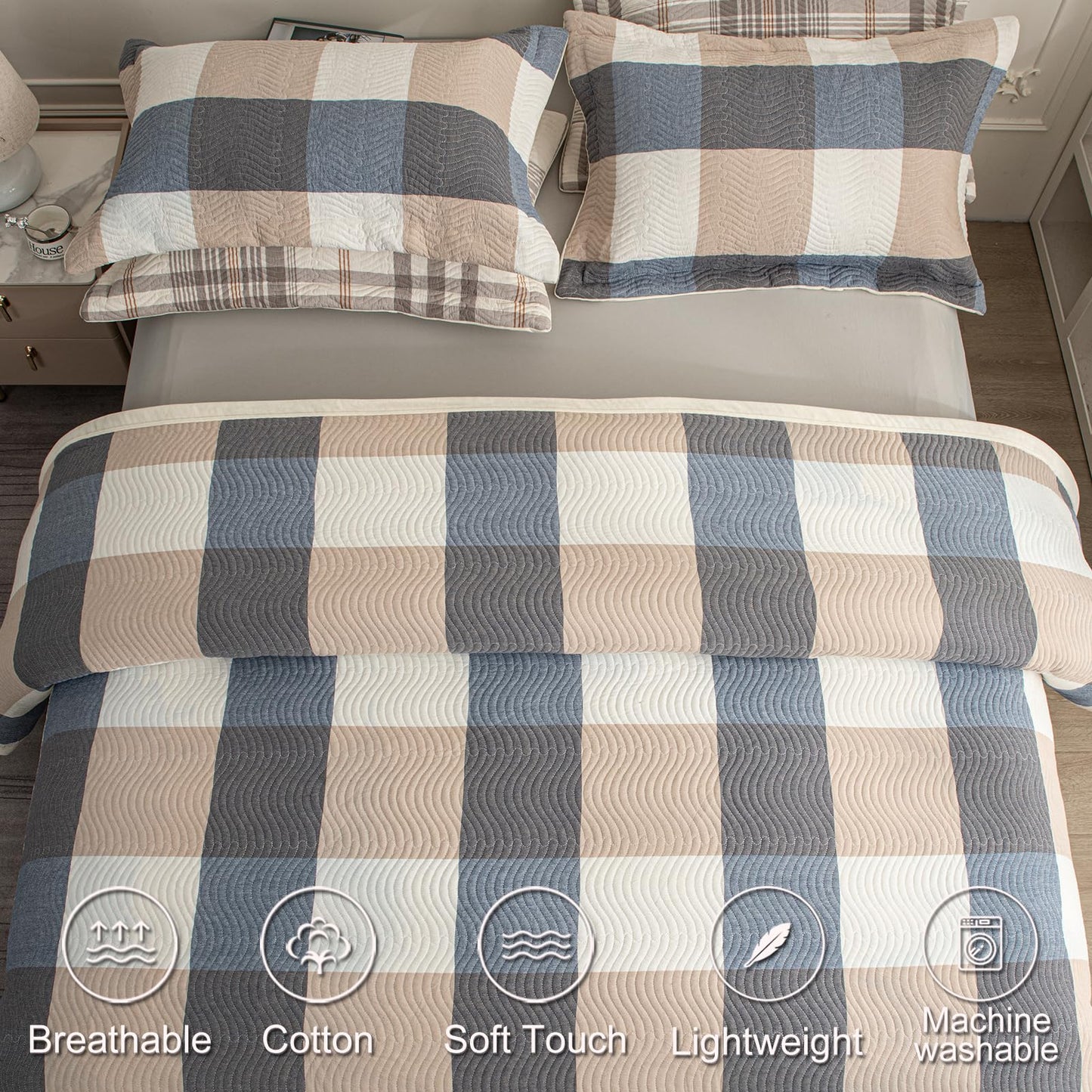 tohrisa Cotton Plaid Quilt Set, Ultra Soft 3 Pieces Queen Size Bedding with 2 Pillow Shams, Lightweight Reversible Coverlet Bedspread with Wave Quilting for Summer, 90"x96", Grid-Beige Blue