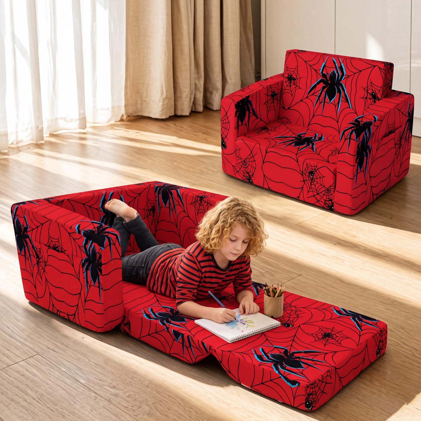 Sliner Kids Sofa 2-in-1 Flip-Out Chair Convertible Fold Out Kids Couch to Lounger Foam Soft Toddler Chairs Comfy Flipout Seat with Washable Cover for Ages 3 and up for Playroom Bedroom(Spider)