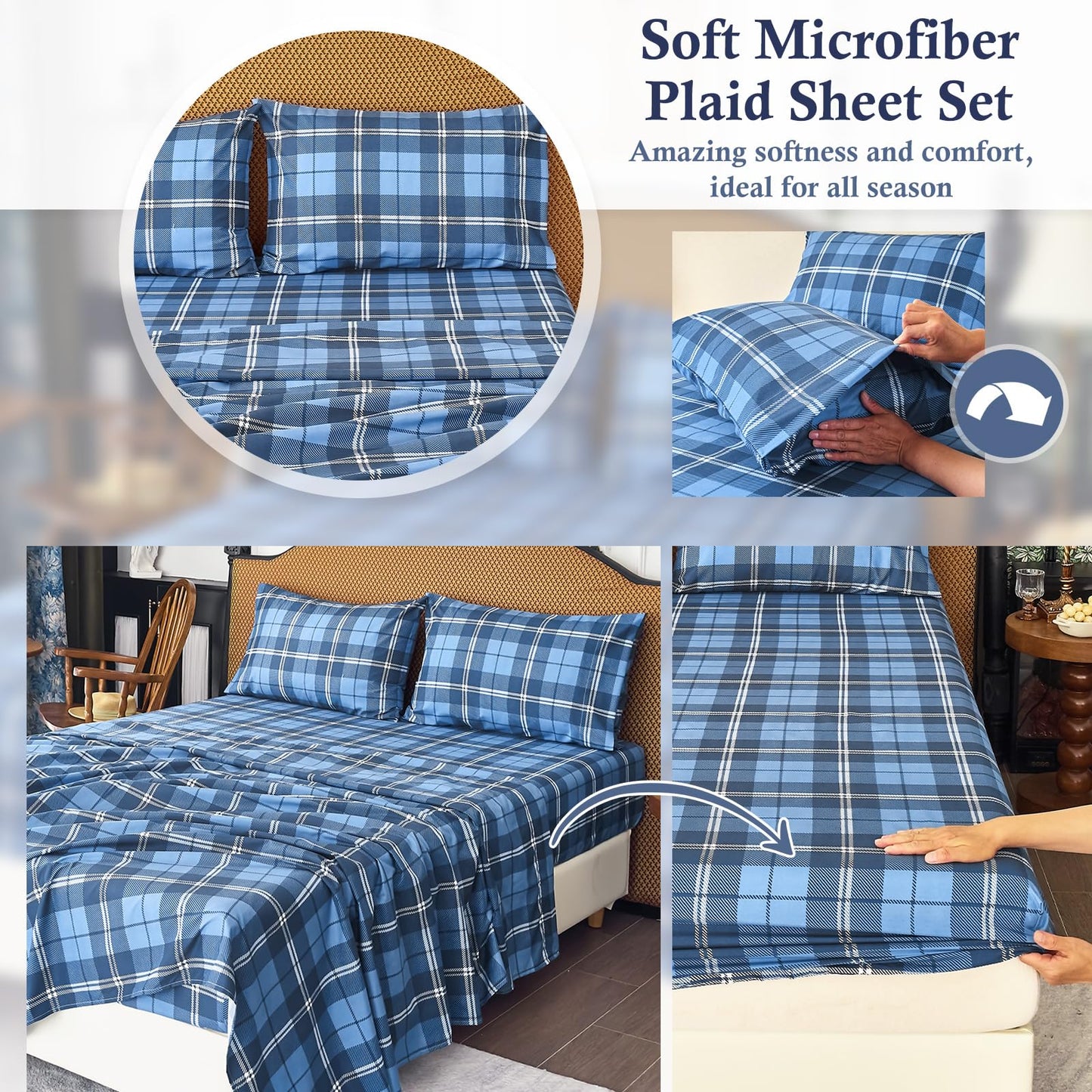 MICORAL Queen Sheet Set Plaid Patten, 4-Piece Printed Sheets, Silky & Lightweight Bedding Set, 16" Deep Pocket, Ultra Soft & Cooling Sheet, Oeko-TEX Certified, Plaid Royal Blue