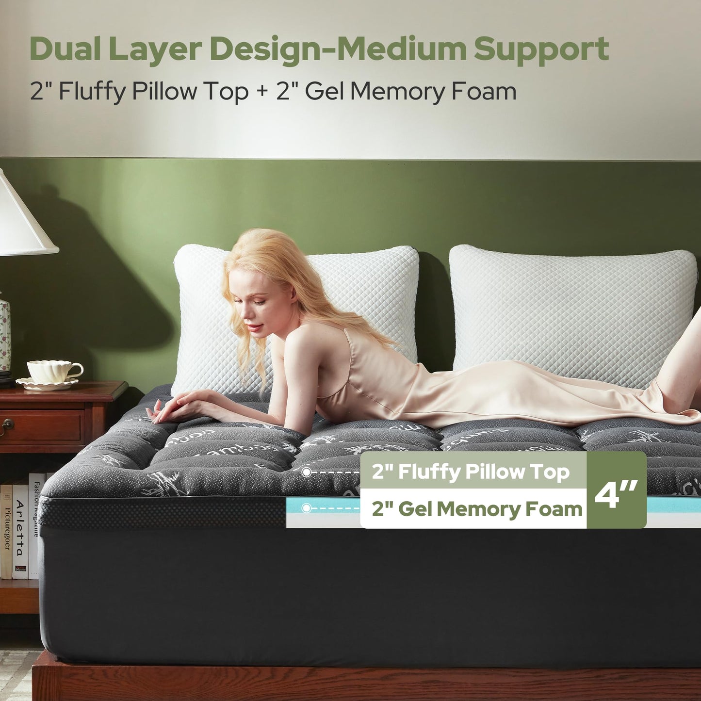 BEDLORE 4 Inch Memory Foam Mattress Topper Twin,2-in-1 Dual Layer Design (2" Gel Memory Foam + 2" Plush Pillow Top Cover) Mattress Topper Medium-Firm,Pressure Relief & Back Pain Support(Dark Gray)