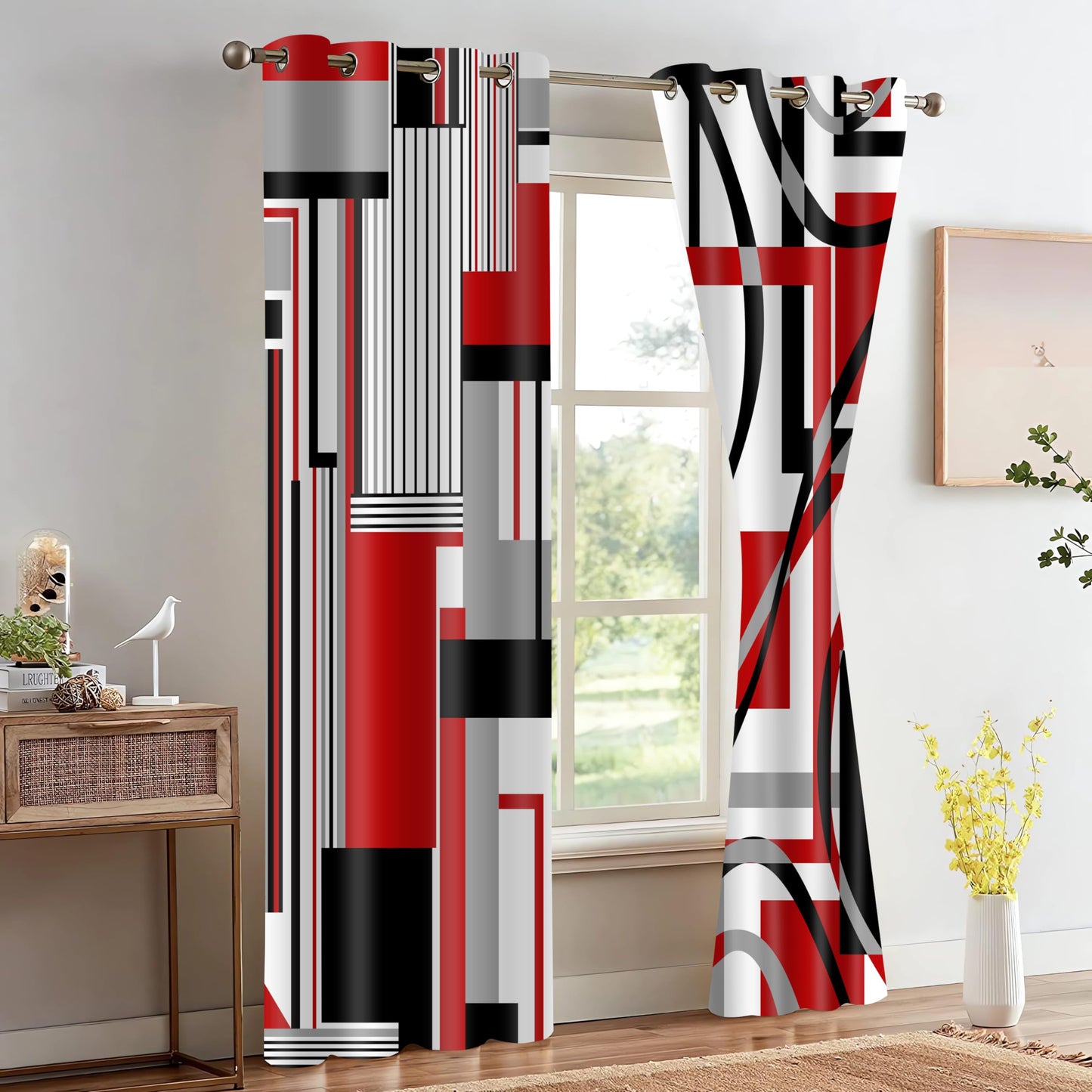HIYSMT Red Black White Line Geometric Curtains,42x84inch Gray Red Plaid Striped Blackout Curtain,Abstract Red Modern Art Drape for Bedroom Living Room 2Panels HI01CL