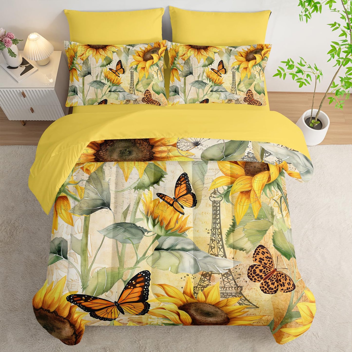 AILONEN 7-Piece,Sunflower Comforter Set for Kids Girls,Yellow Floral Botanical Bed in a Bag Twin Size,Eiffel Tower Butterfly Comforter & Fitted Sheet with Flat Sheet,2 Pillowcases,2 Pillow Shams