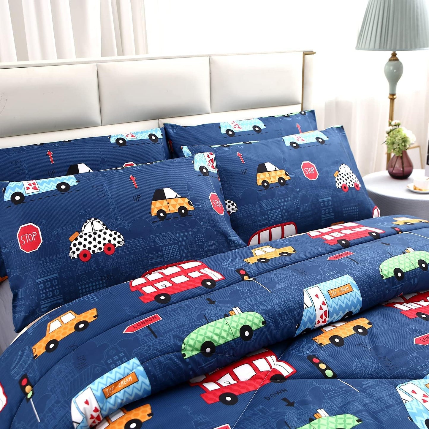 MAG 3Pcs Cartoon Car Bedding Comforter Set,Blue Cute Twin Comforter Set for Toddlers Kids Boys Teens and Girls,All Season Microfiber Super Soft,Twin Size