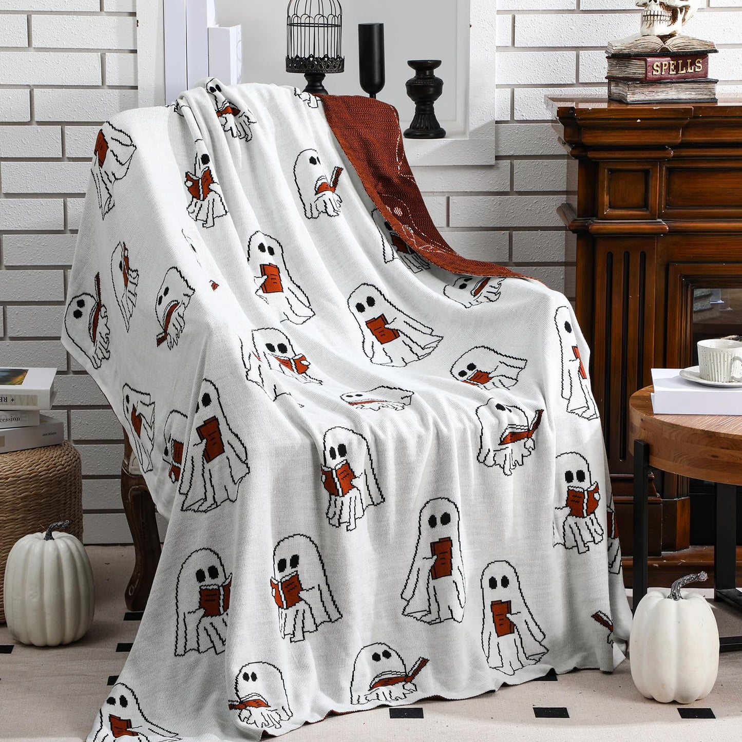 SmoothNovelty Easter Day Halloween Ghost Reading Book Blanket 50 x 60 Inches Soft Knit Throw with Ghosts Reading Book Pattern Halloween Easter Decoration Gift for Living Room Couch Sofa Bed
