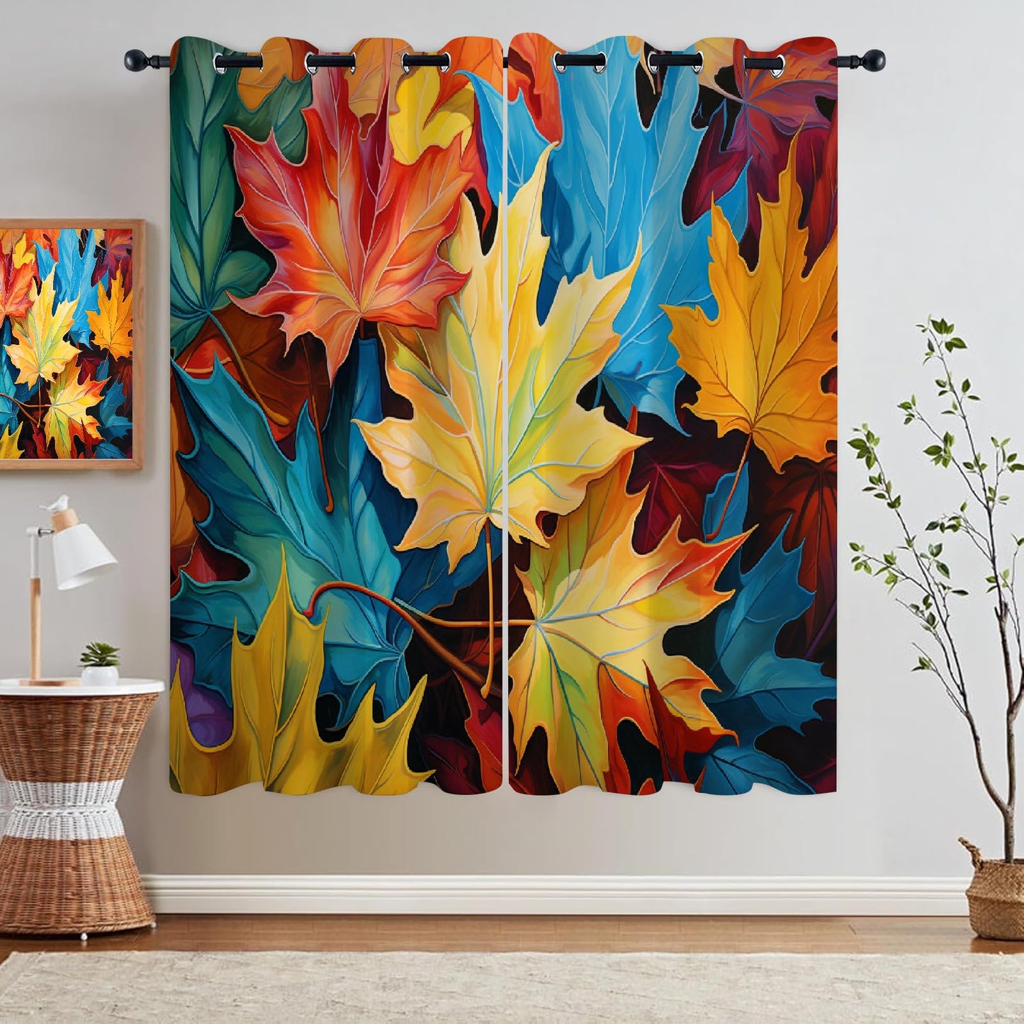Colorful Maple Leaves Blackout Curtains, Bright Plant Texture 3D Printed Noise Reducing Drapes, 2 Panel Top Grommet Drapes for Bedroom Bathroom Living Room Kids Room(84" W x 84 "L)
