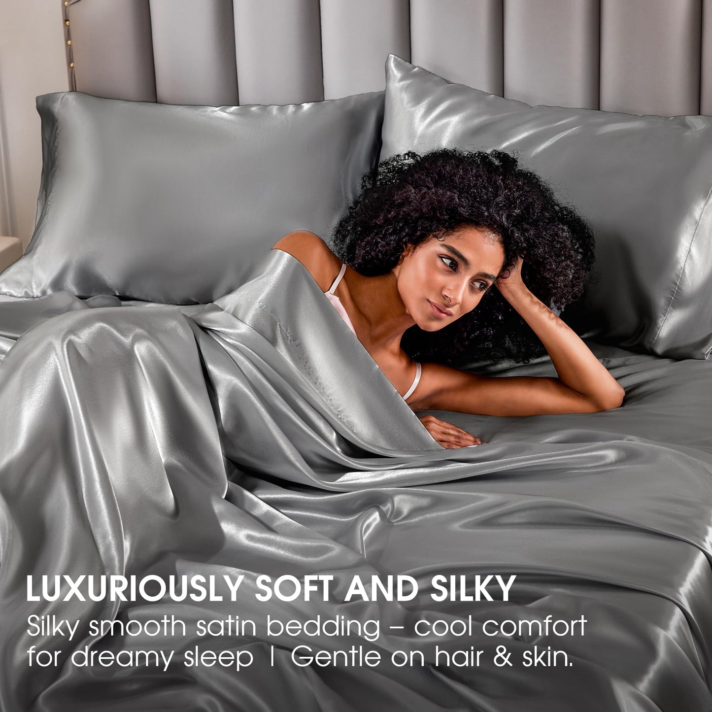 FreshCulture Satin Sheets Full Size - 4 Piece Luxury Soft Silky Full Size Bed Sheets, Similar to Silk Bed Sheet Set with 1 Deep Pocket Fitted Sheet, 1 Flat Sheet & 2 Pillowcases (Light Grey)
