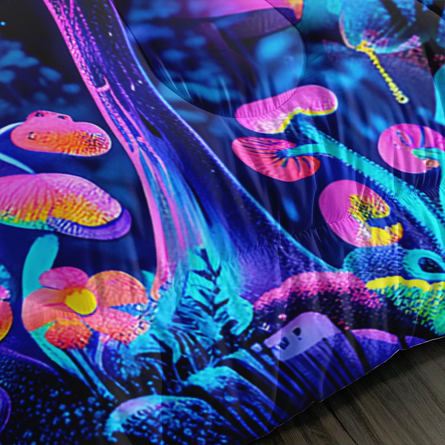 AILONEN Cartoon Mushroom Comforter Set Queen Size, Black Starry Purple Magic Mushroom Bedding Set,3Pcs Plant Fungus Comforter with 2 Pillowcases