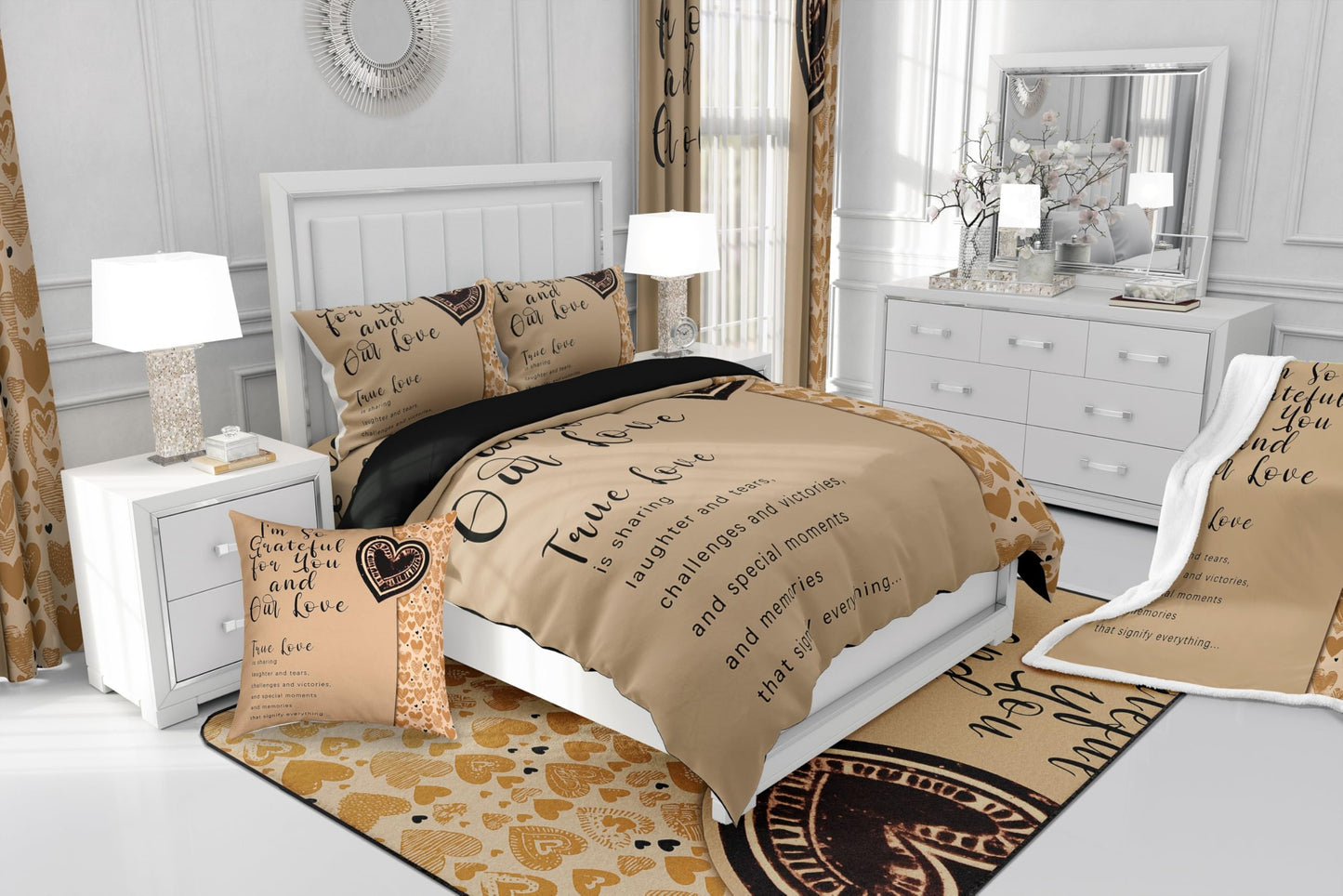 Erosebridal Romantic Motto Bedding Queen,Love Hearts Comforter Set for Lovers Couple,Valentine Gifts Down Comforter,True Love Bedding Comforter Sets for Wedding Engagement
