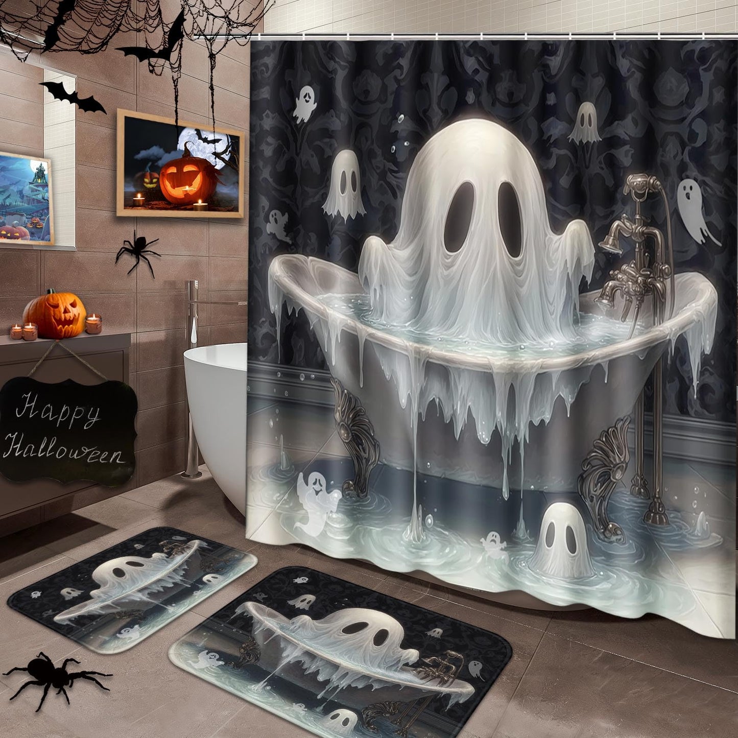 Arttown Halloween Horror Ghosts Bathroom Set with Shower Curtain and Rugs and Accessories Big and Small Ghosts Bathtub Water Black Shower Curtain Set Bathroom Decor 3-Piece Set