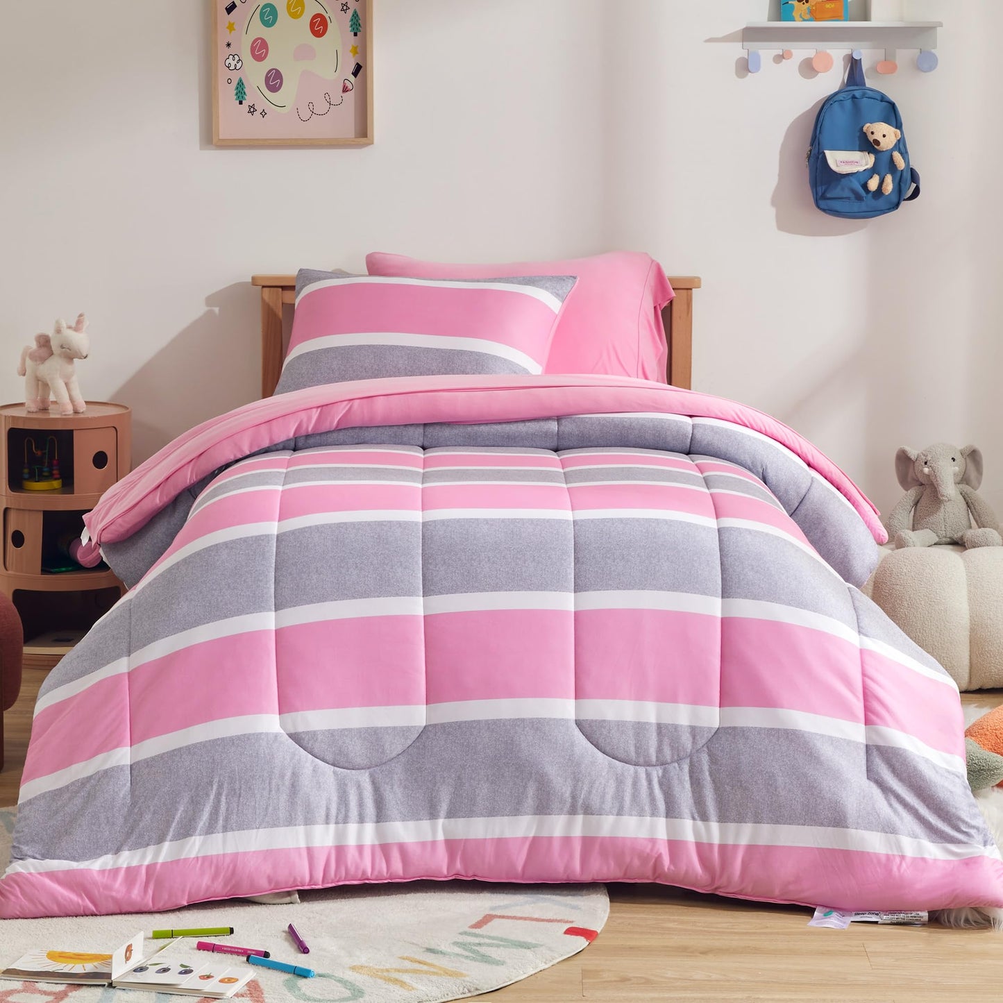 SLEEP ZONE Kids Comforter Set Full/Queen Size, Jersey Knit 7 Pieces Bedding, Super Soft and Breathable Comforter with Sheets, Pillowcases (Pink Grey Stripe)