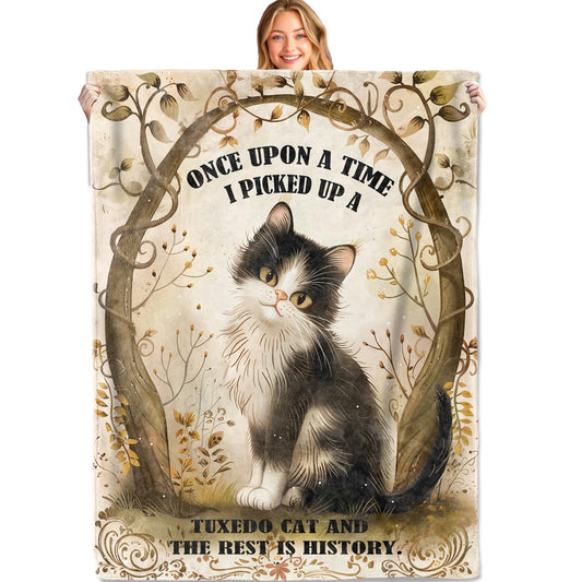 MIEPOS Vintage Tuxedo Cat Throw Blanket, 50x60in, Soft, Lightweight Flannel, Cute Kitten and Quote Autumn Woodland Style Blankets, Gifts for Women, for Home Living Room Decor