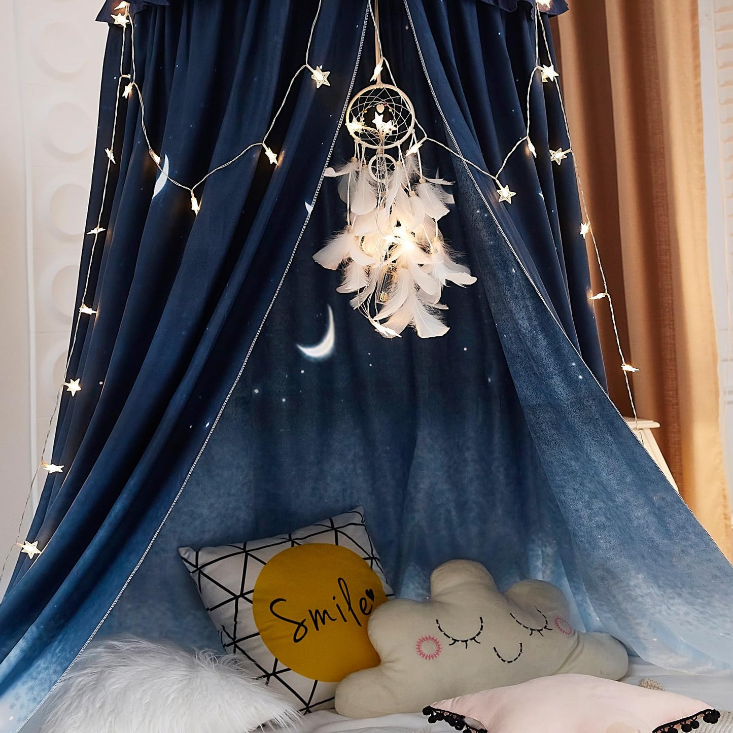 Kertnic Decor Princess Canopy for Girls Bed, Soft Smooth Playing Tent Canopy Room Decoration Castle, Dreamy Mosquito Net Bedding, Reading Nook Canopies in Home (Night Sky-Ruffle)