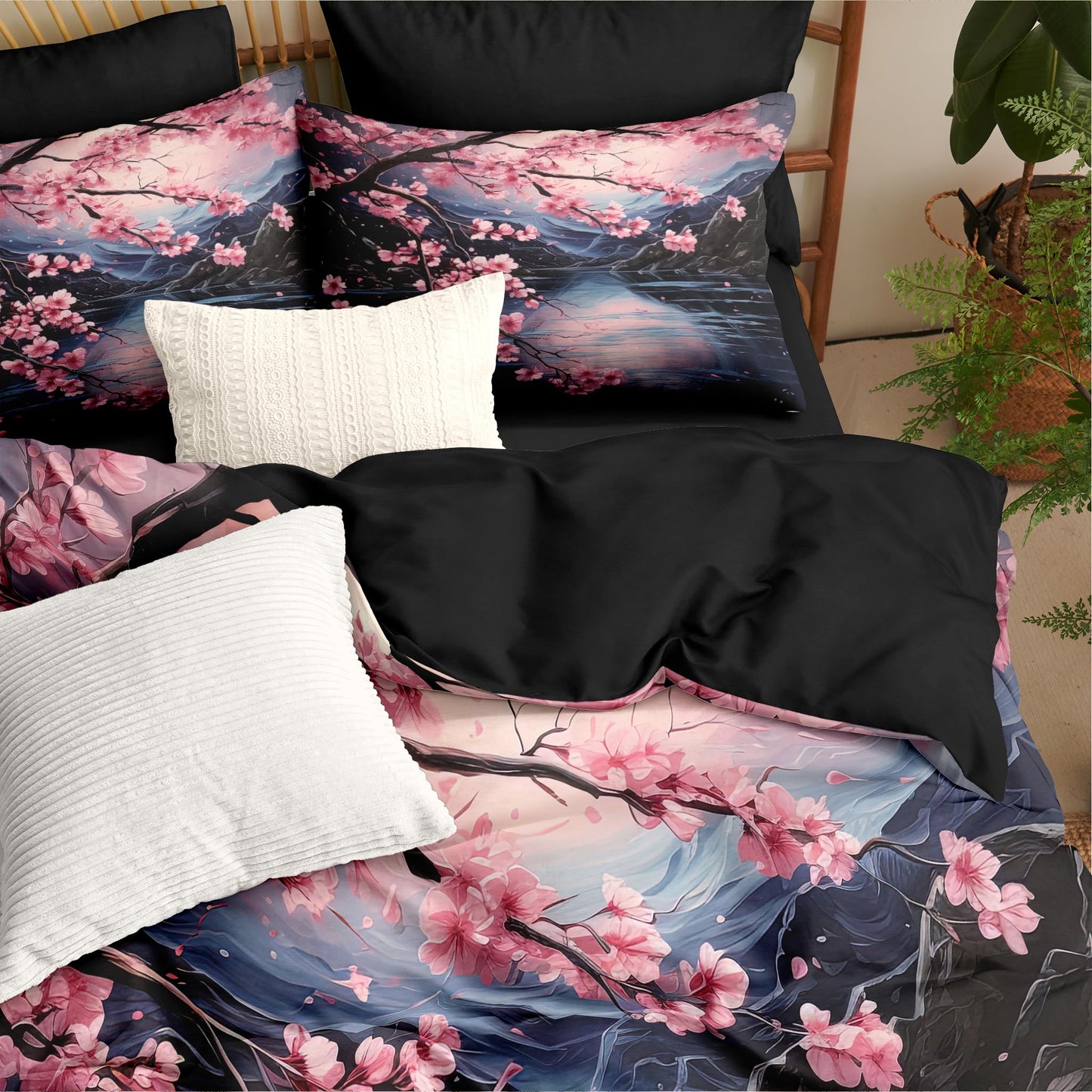 CCoutueChen Cherry Blossoms Bedding Set Queen Size, Black Pink Japanese Comforter Set for Girls, 3Pcs Soft Microfiber Quilted Set with 2 Pillowcases, 90"x90"