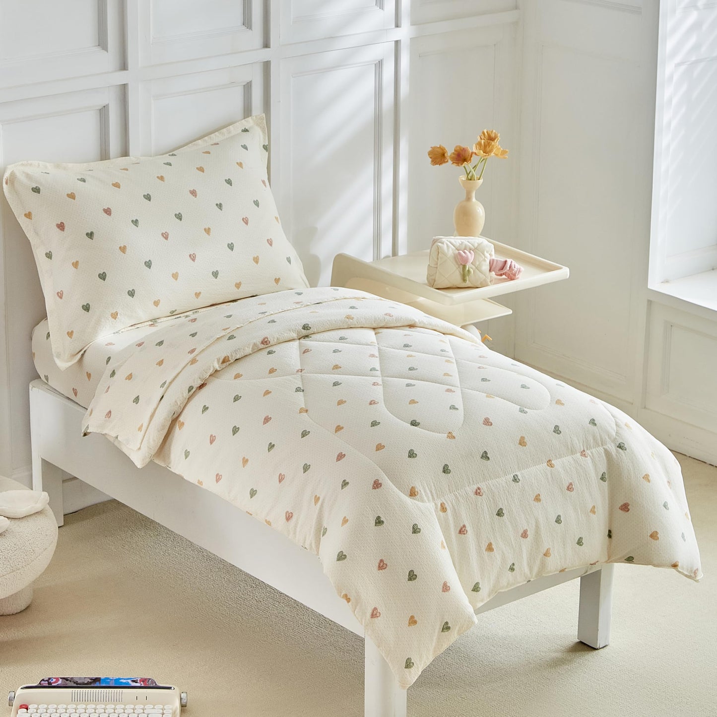 DuShow White Star Toddler Bedding Set,4 Pieces Reversible Toddler Comforter Set,Ultra Soft Crib Bed Set for Girls and Boys,Including Comforter,Sheets and Pillowcase