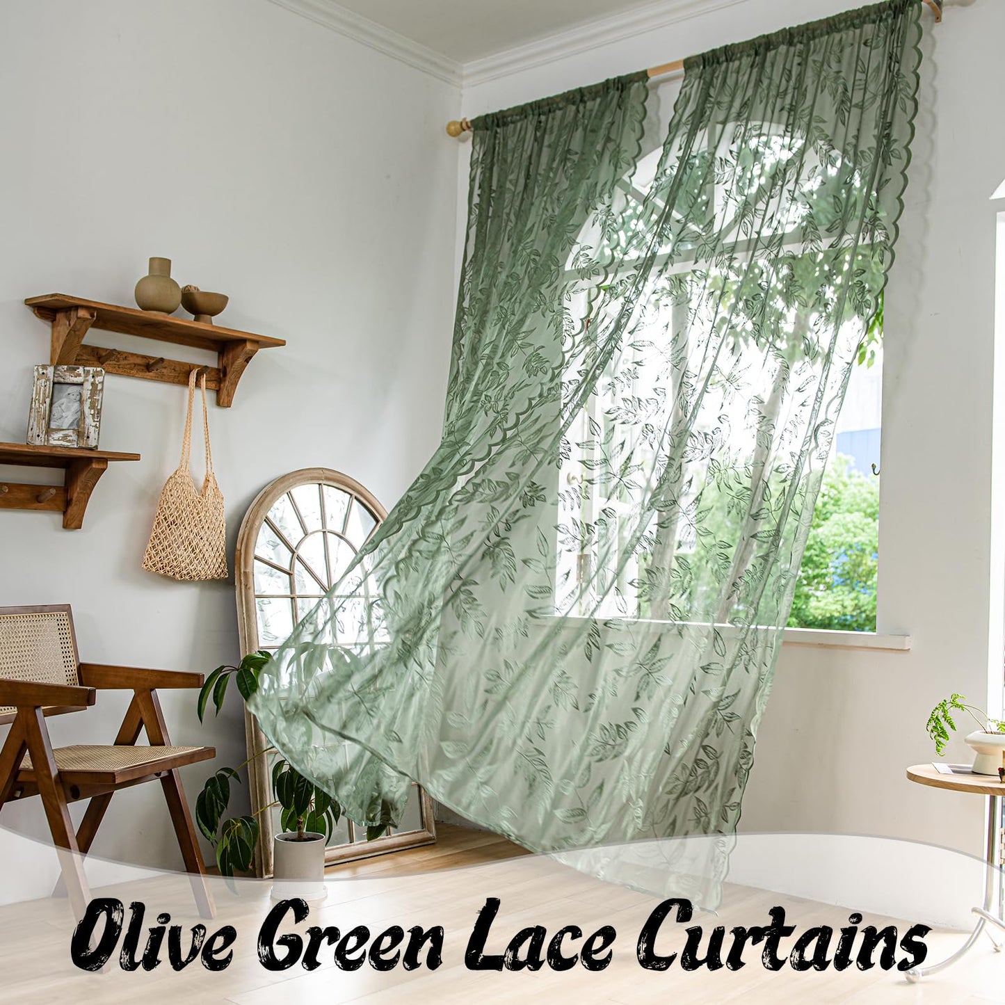 Sutuo Home Olive Green Lace Curtains 84 Inches Long for Bedroom Living Room, Leaf Embroidery Window Sheer Drapes Pair, Rod Pocket Vintage Country Window Treatments Set of 2 Panels, 57" W x 84" L