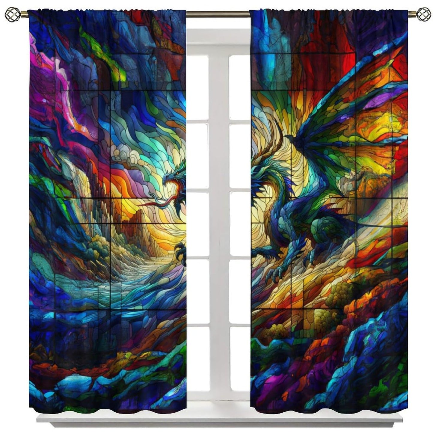 FengMingRui Dream Stained Glass Curtains Fantasy Dragon Rainbow Colorful Clouds for Kids Boys Girls Bedroom Living Room Window Drapes 42" W X 45" L