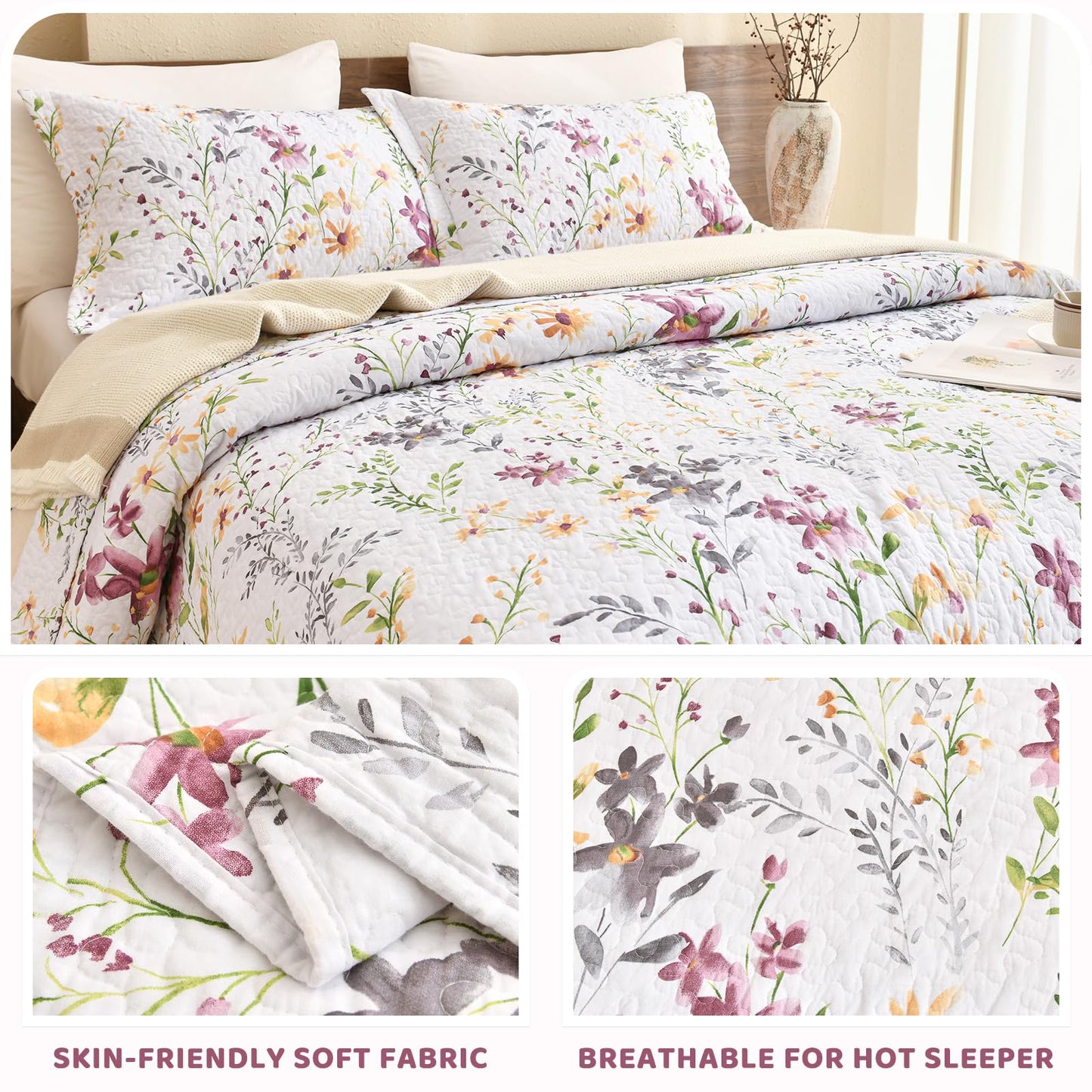 Sanracie 100% Cotton Quilt Queen Size(90"x98")-Floral Quilted Bedspreads Set,3pcs Yellow Wild Flower Botanical Printed Pattern Quilt Bedding Coverlet Summer Soft Lightweight Aesthetic Bedding