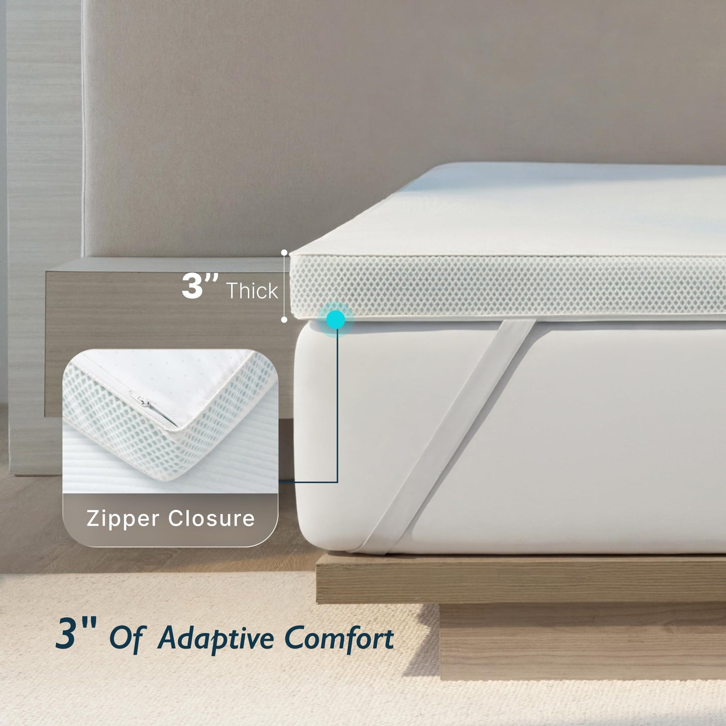 Breescape Cooling Mattress Topper Queen Size - 3 Inch Soft Breathable Foam Mattress, Cooling Mesh Cover, High Density Support, Non-Slip Elastic Straps, 3-Side Zipper Removable & Washable, 60*80 Inches