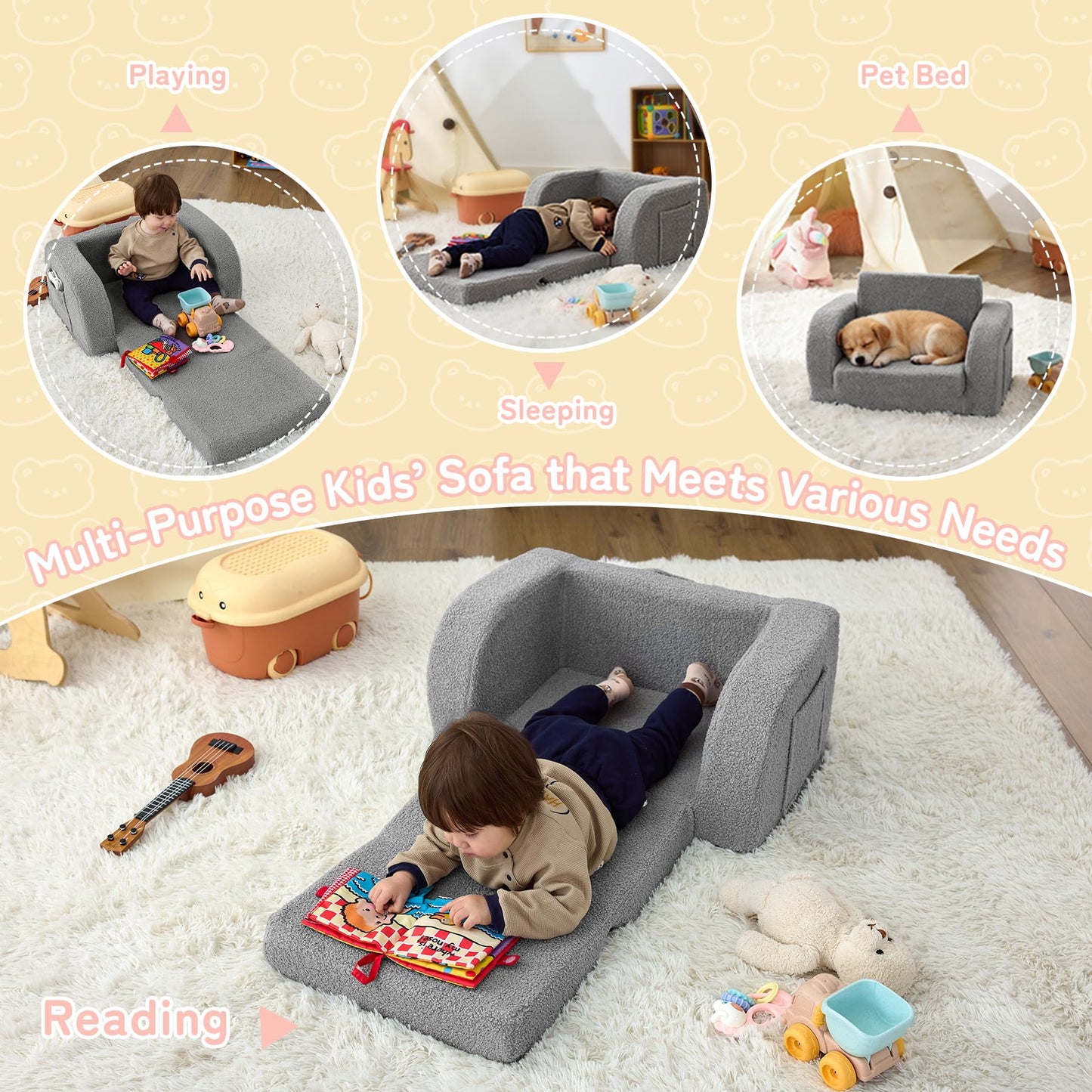 MuaMelop Toddler Couch, 2-in-1 Toddler Chairs Comfy 1-3 Years Old, Toddler Chair for Girls and Boys, Kids Couch Bed Fold Out, Convertible Baby Sofa to Lounge Chair for Playing, Reading, Napping, Grey