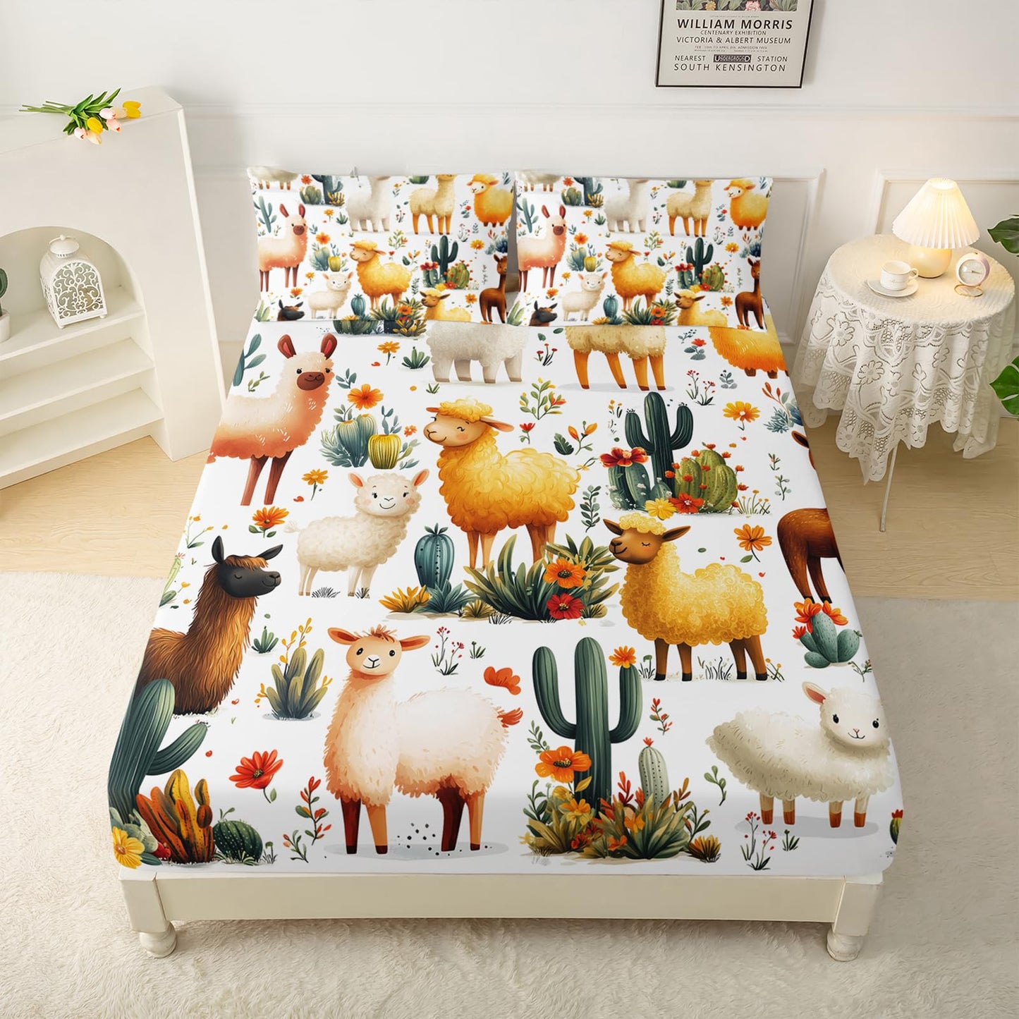 QOOMO Cute Llama Kids Bed Sheets Full Size,Kawaii Alpaca Print Bedding Sheet Set,4Pcs Cartoon Animal Deep Pocket Bed Sets with 1 Fitted Sheet 1 Flat Sheet 2 Pillowcases for Boys Girls Teens