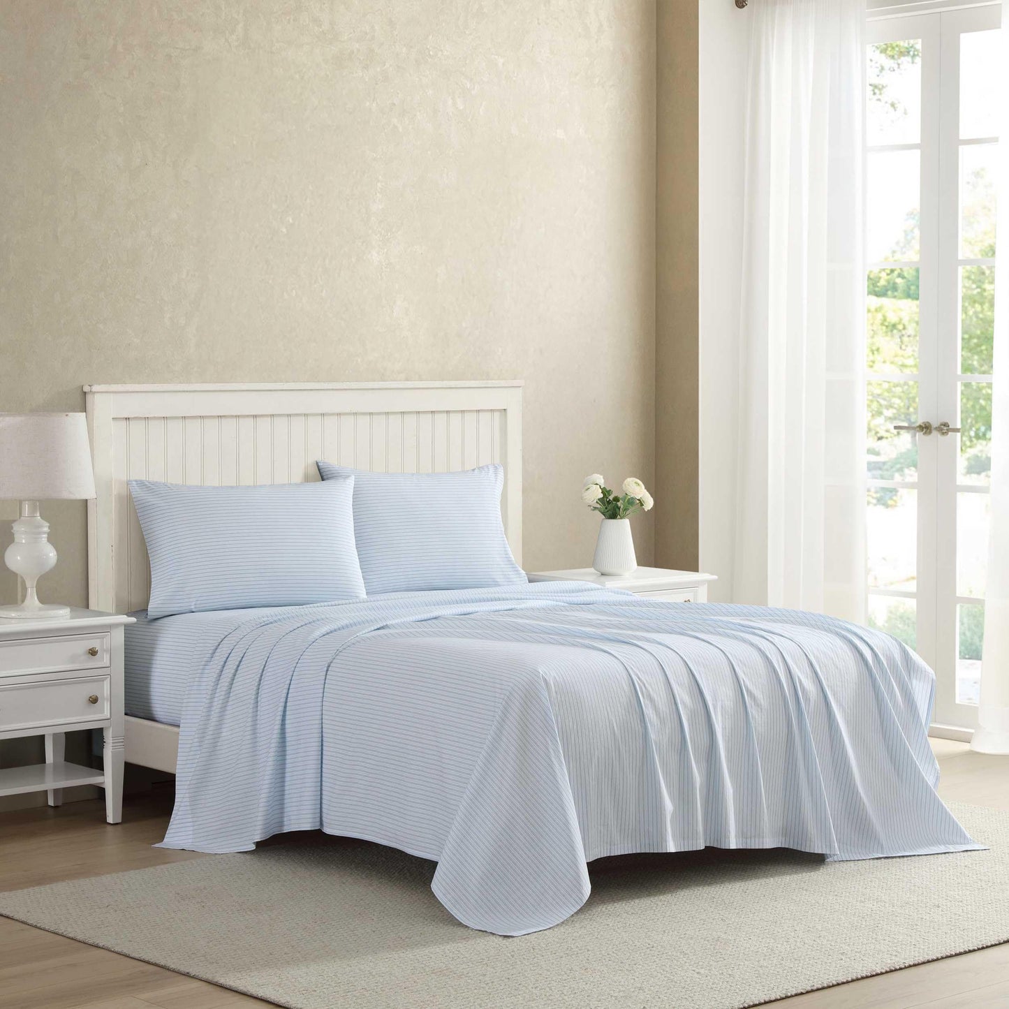 Laura Ashley - King Sheet Set, Crisp & Cool Cotton Percale Bed Sheets, Deep Pockets, Striped Bedding with Matching Fitted Sheet & Pillowcases (Bedford Skinny Stripe Blue)
