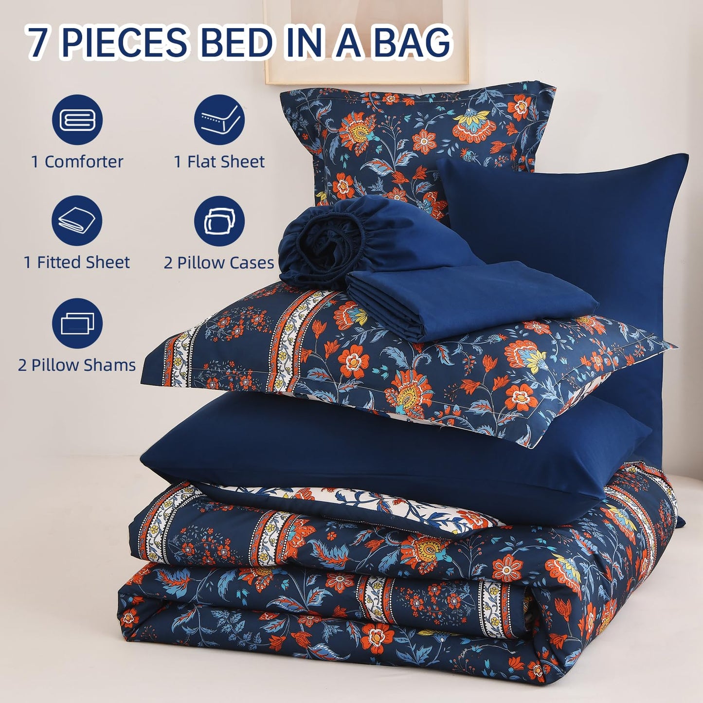 Dinjoy Boho Comforter Set Queen,Navy Bedding Paisley Floral 7 Piece Bed in a Bag Reversible Lightweight Bohemain Comforters with Sheet Sets for All Season