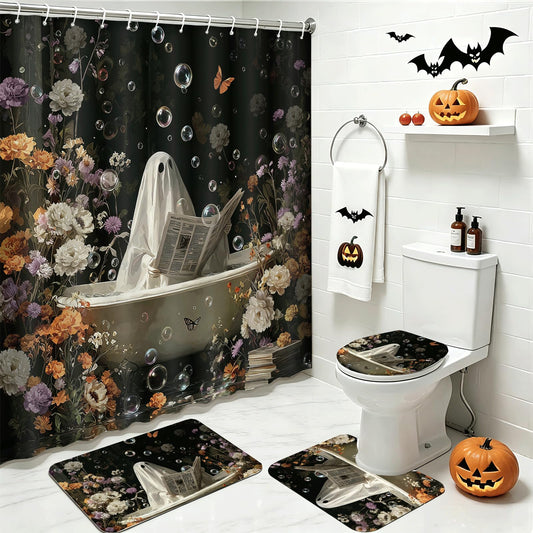 4Pcs Halloween Shower Curtain Set Funny Vintage Ghost Bathroom Decor Set with Non-Slip Washable Bath Rugs, Toilet Lid Cover Funny Retro Halloween Bathroom Decor Accessory