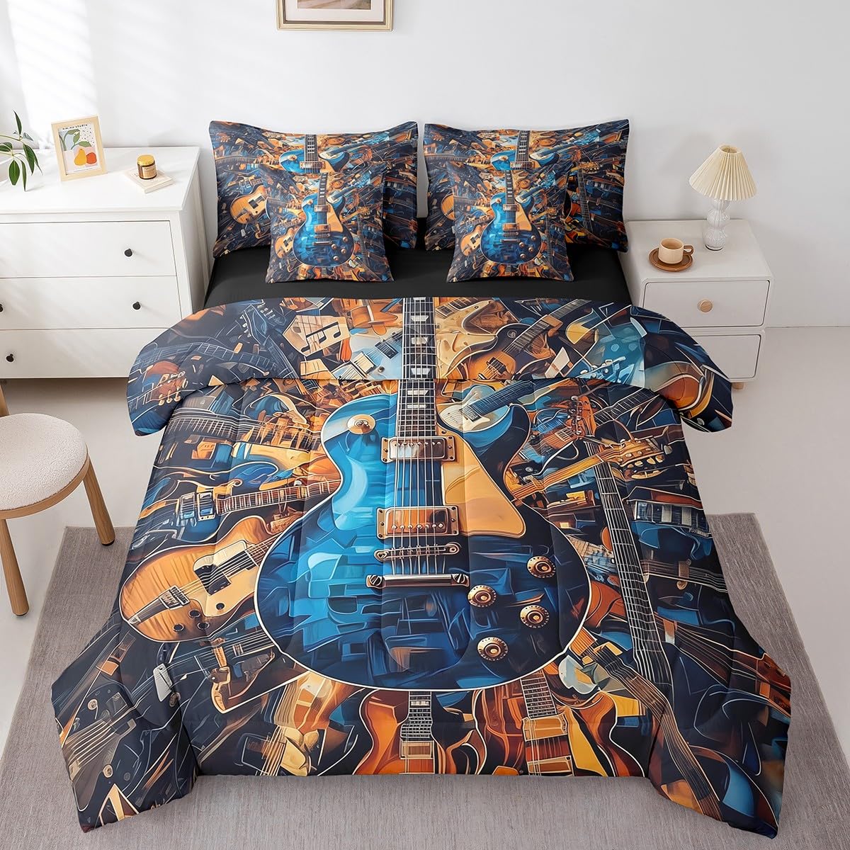 Feelyou Guitar Comforter Set with Sheets Queen Size Rock Music Bed in a Bag for Boys Girls Teens Blue Brown 7 Pieces Bedding Set Soft Lightweight Microfiber